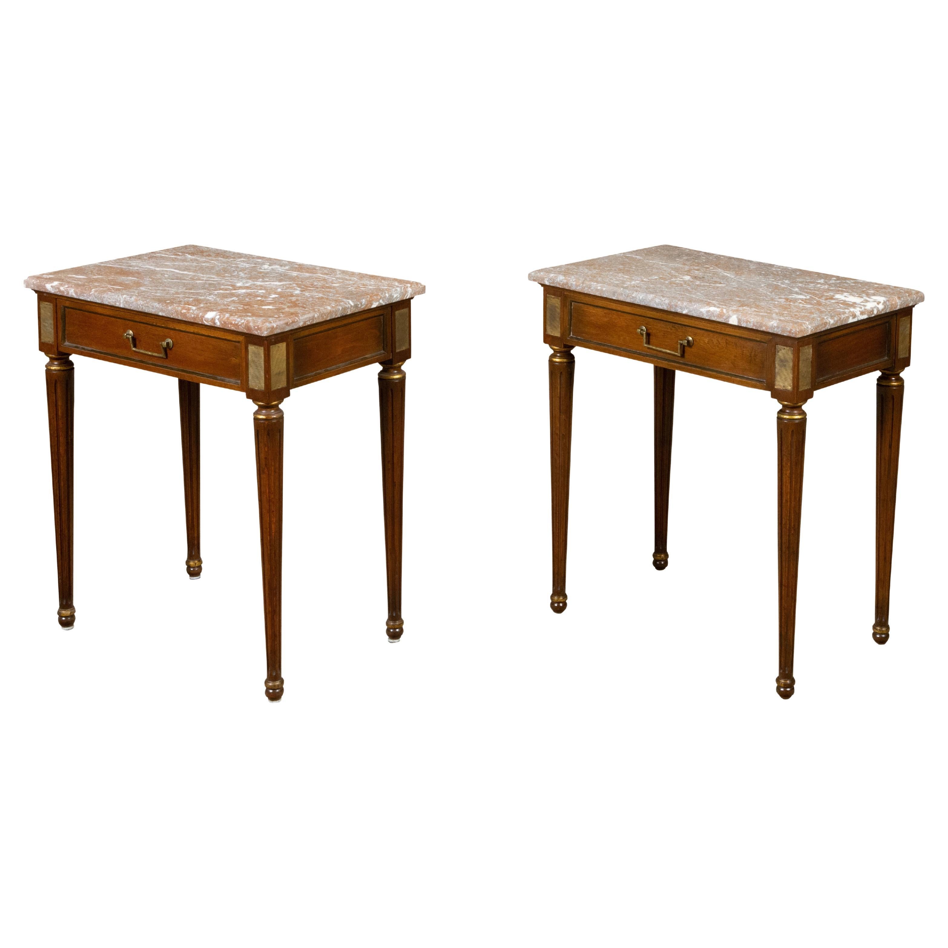 Pair of French Neoclassical Style Walnut Console Tables with Marble Tops