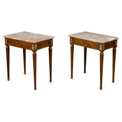Pair of French Neoclassical Style Walnut Console Tables with Marble Tops