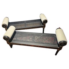 Pair of French Neoclassical Styled Lacquered Benches w Caned Seats Rolled Arms