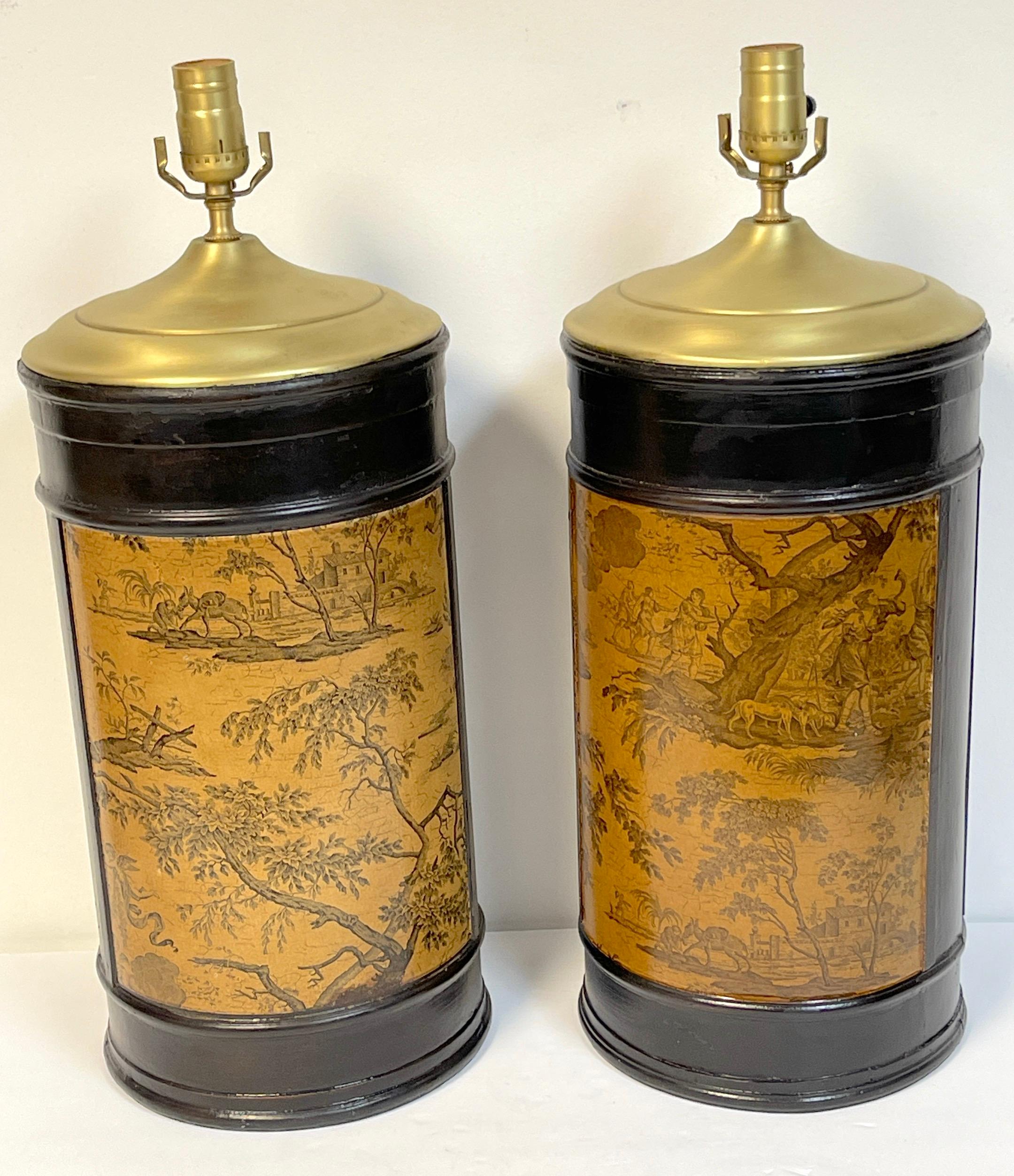 Stained Pair of French Neoclassical Toile Decoupage & Wood Column Lamps