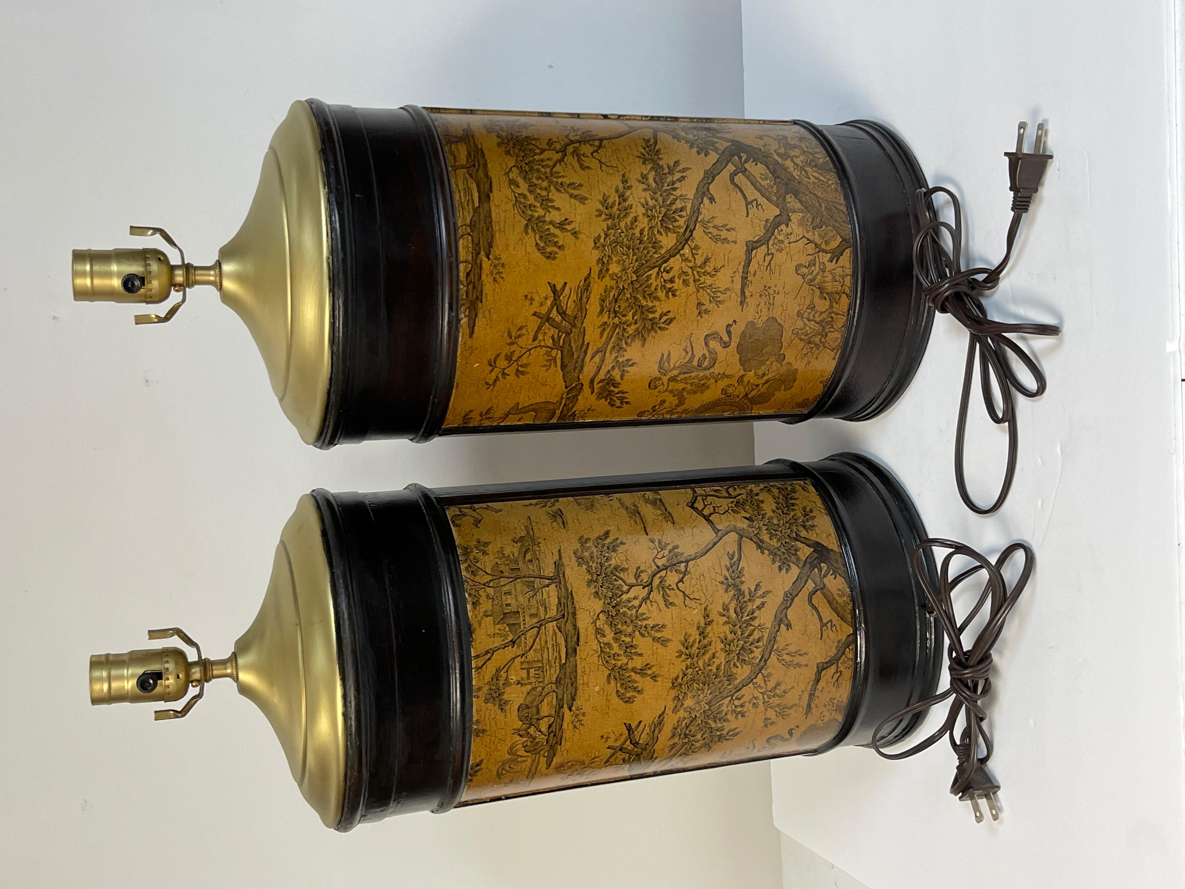 20th Century Pair of French Neoclassical Toile Decoupage & Wood Column Lamps