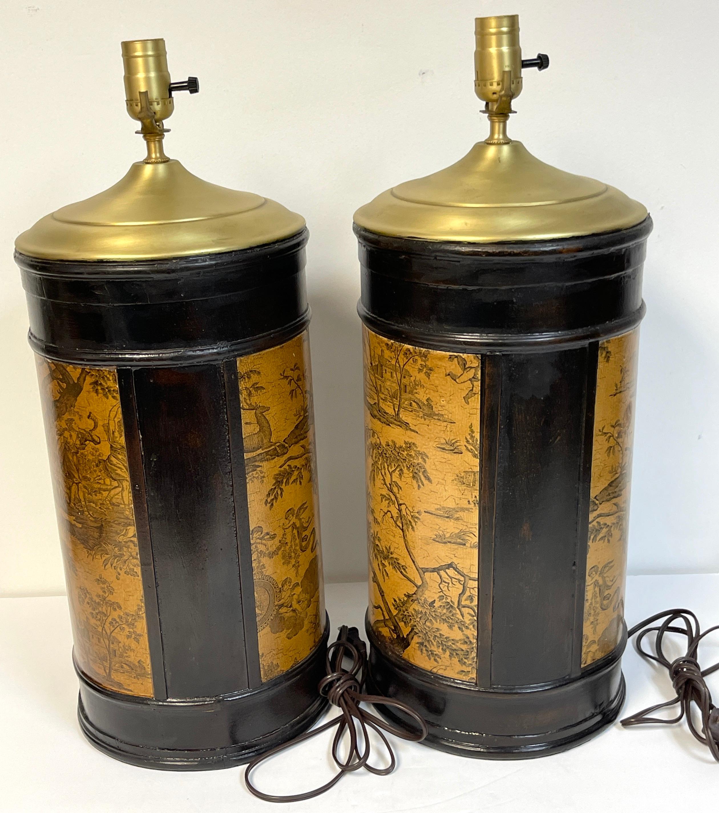 Pair of French Neoclassical Toile Decoupage & Wood Column Lamps 1