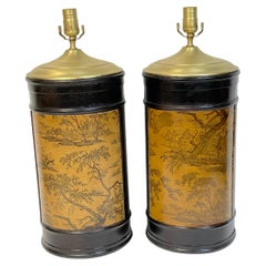 Pair of French Neoclassical Toile Decoupage & Wood Column Lamps
