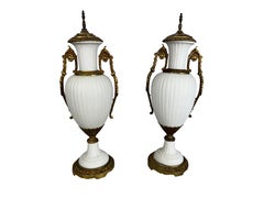 Pair of French Neoclassical White Bisque Porcelain & Gilt Bronze Ormolu Urns