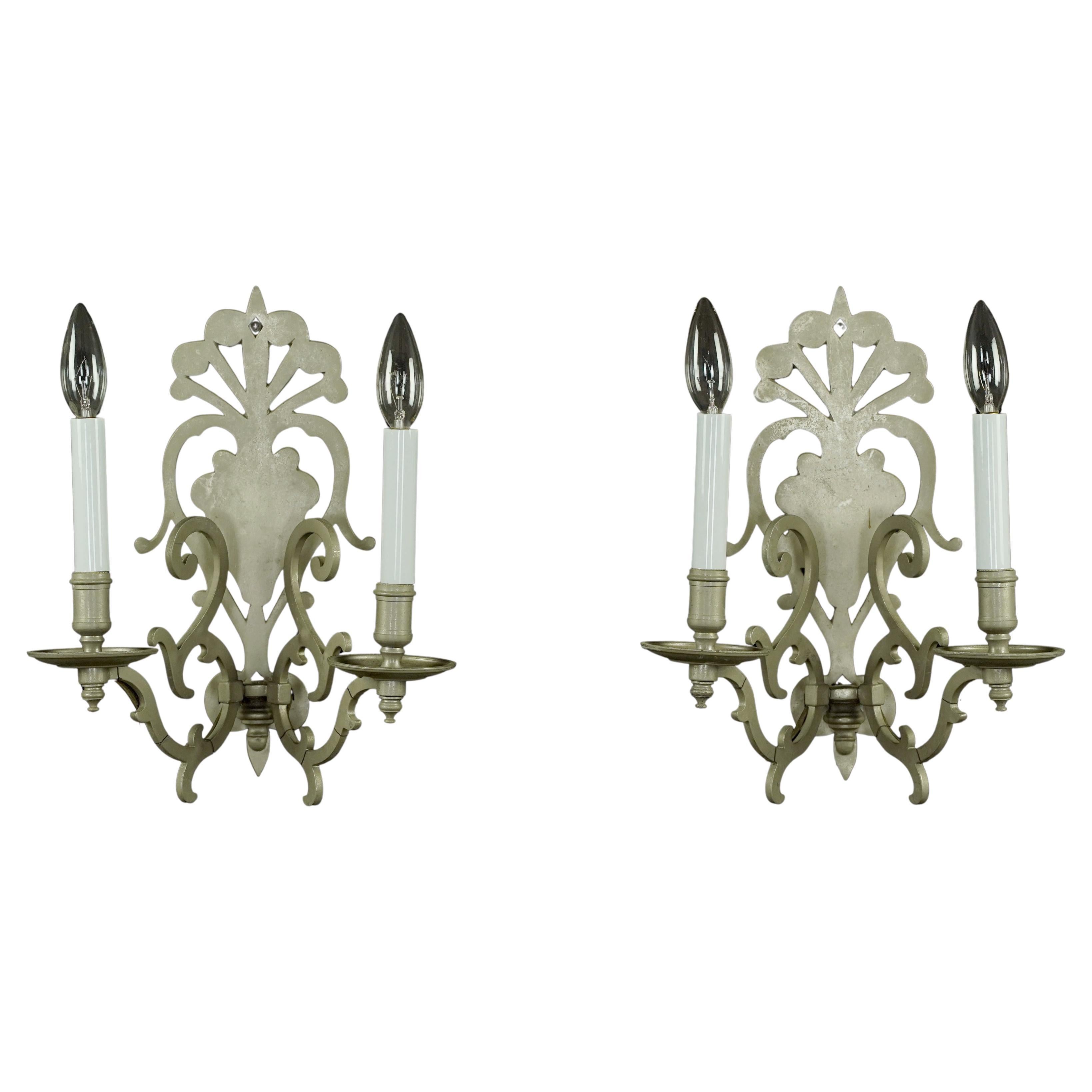Pair of French Nickel Plated 2 Arm Wall Sconces