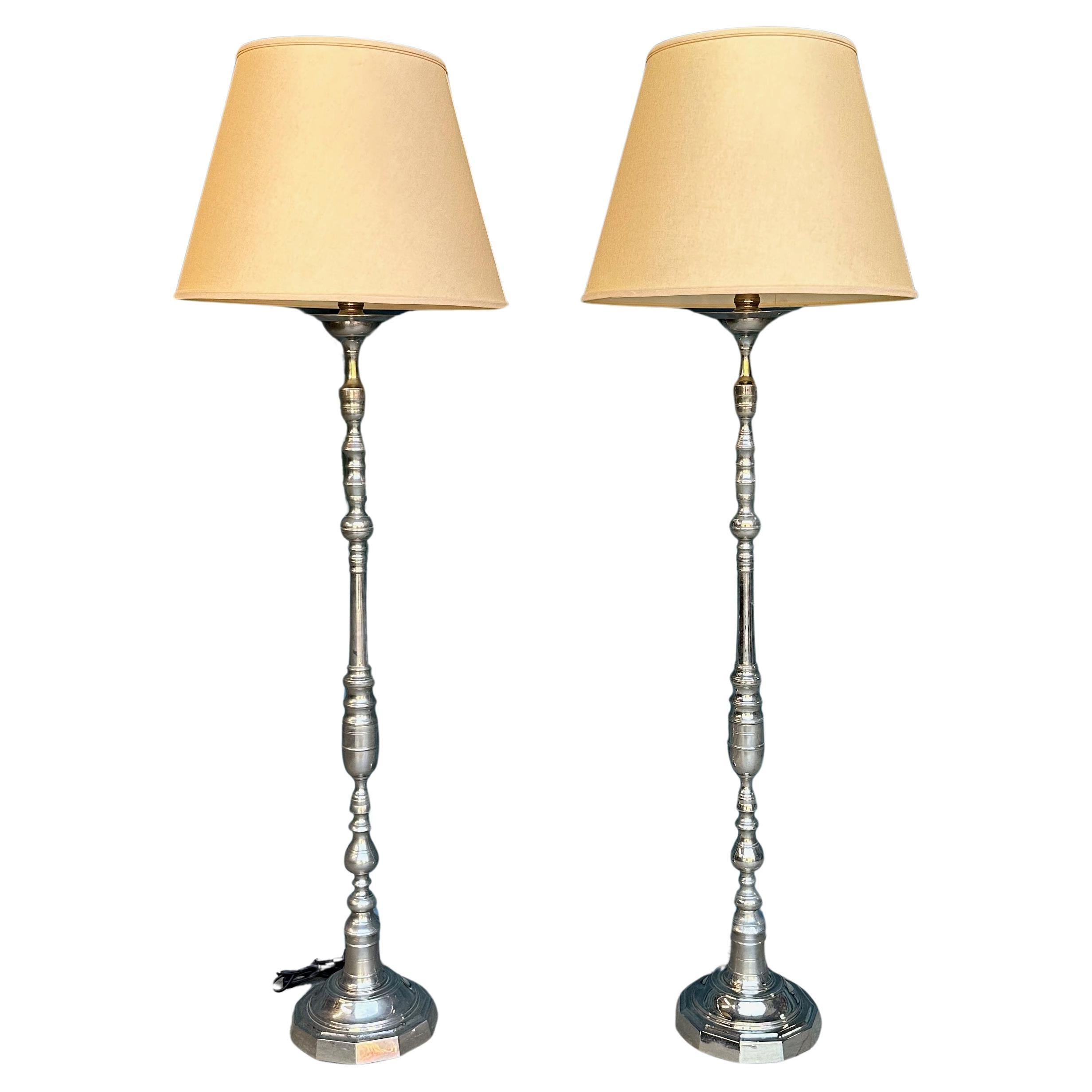 Pair of French Nickel Plated Floor Lamps For Sale