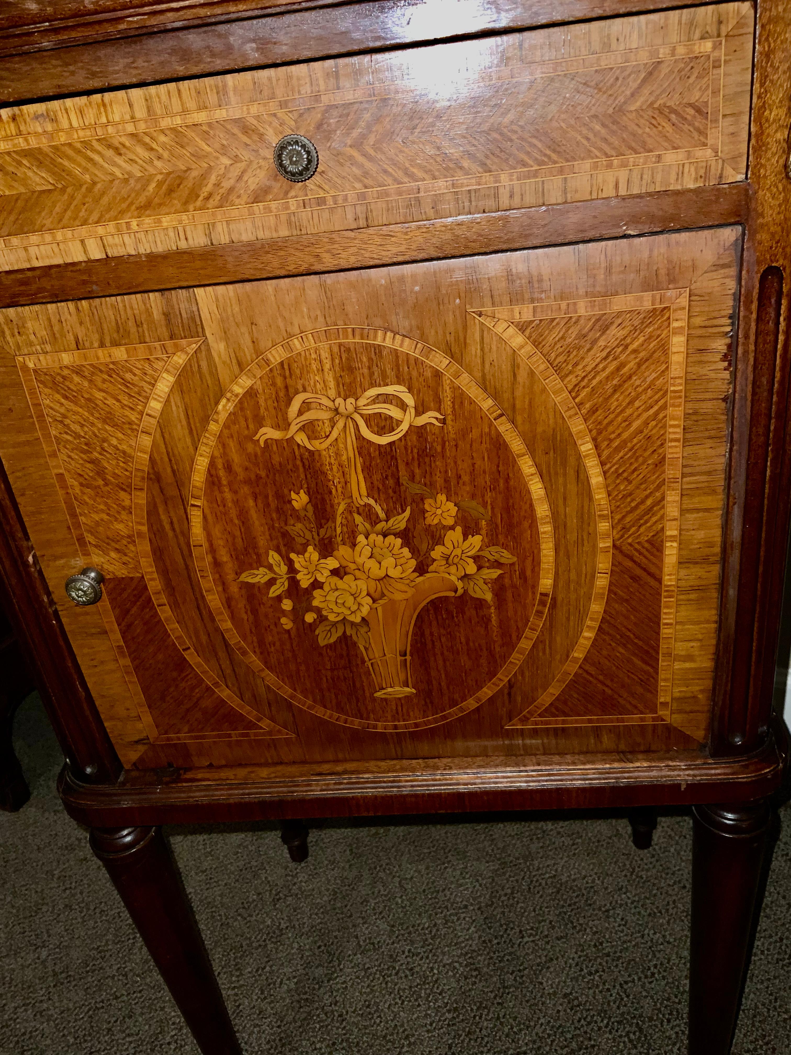 Pair of French Night Stands/Bedside Cabinets, Walnut with Marble Tops, Inlay  1