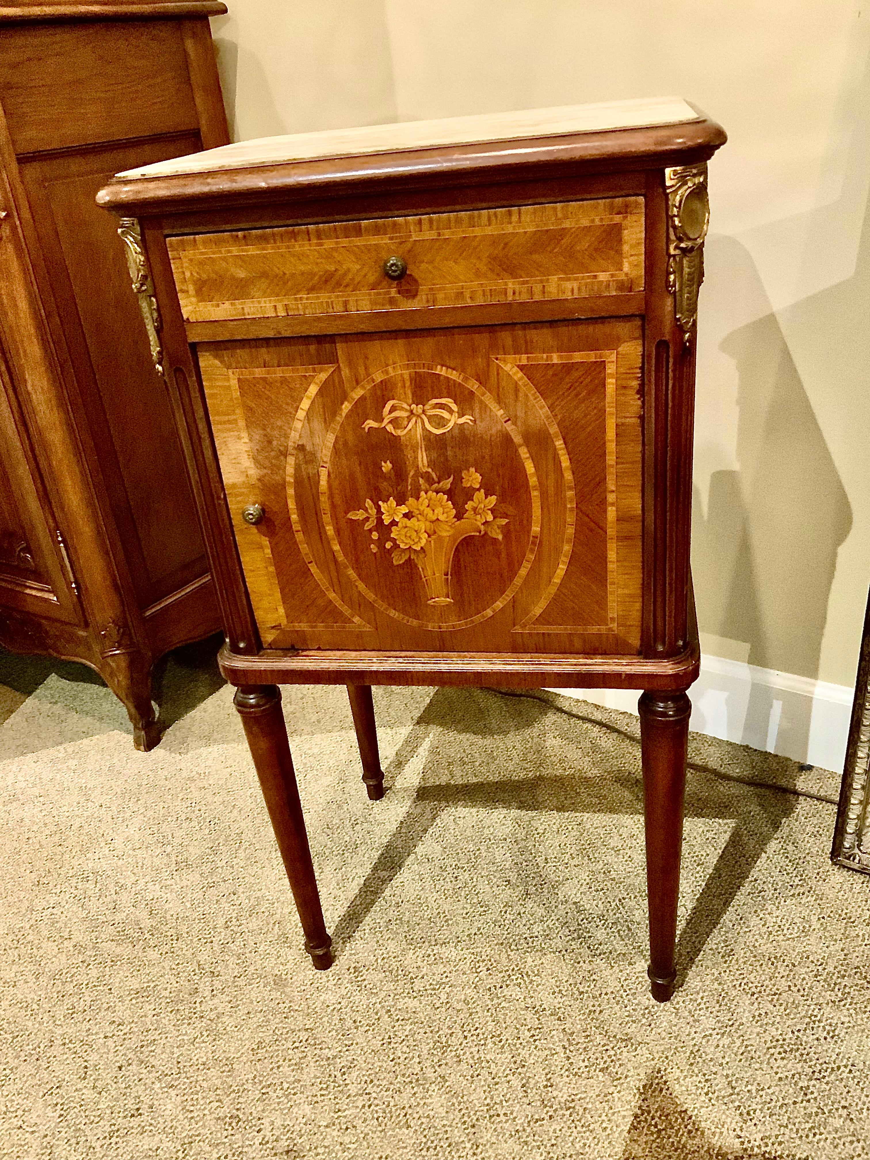 Pair of French Night Stands/Bedside Cabinets, Walnut with Marble Tops, Inlay  2