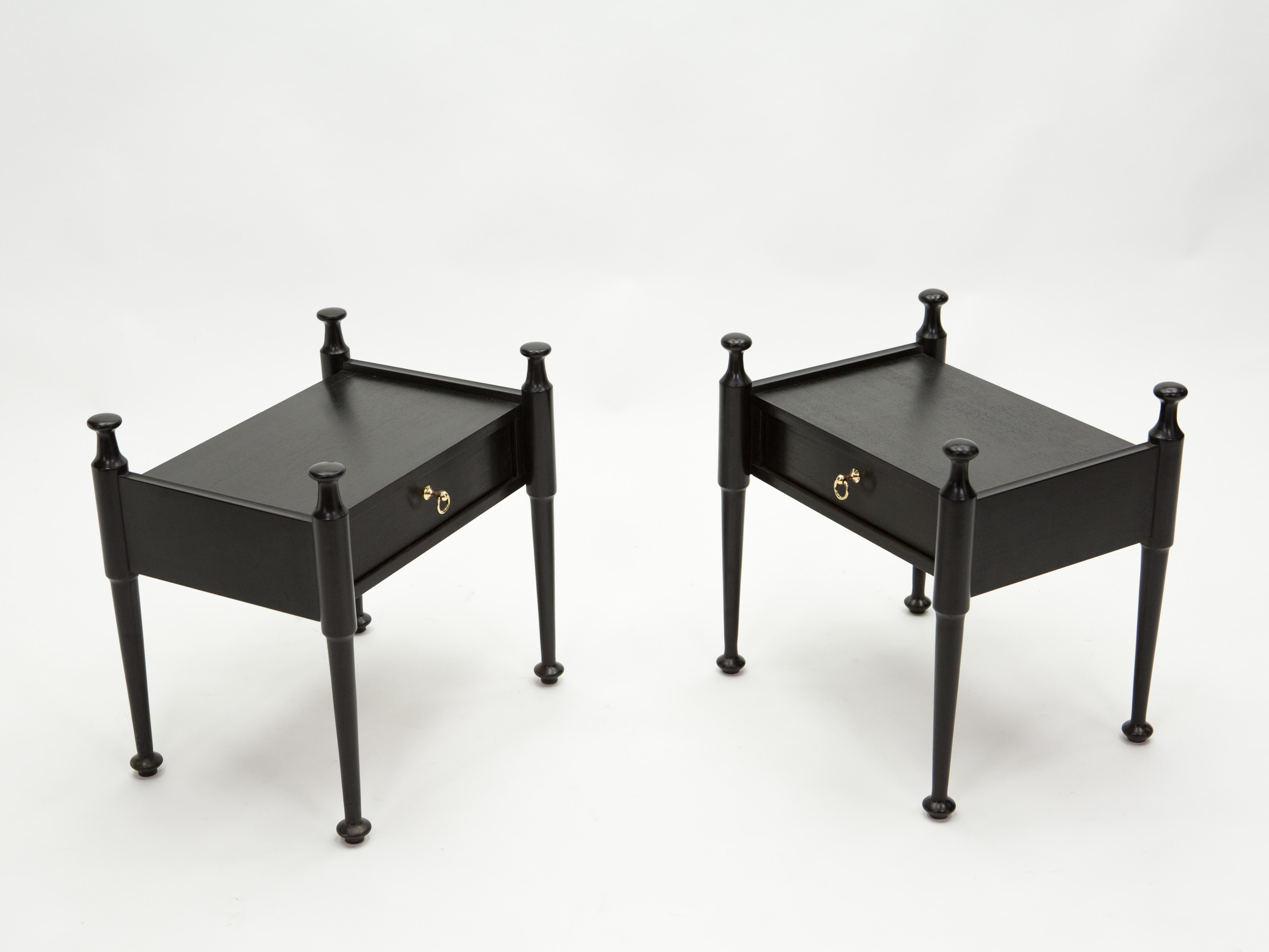 Pair of French Night Stands Black Tinted Wood and Brass, 1970s 5