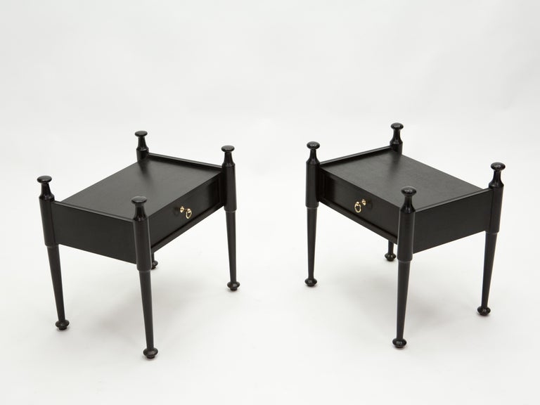 Pair of French Night Stands Black Tinted Wood and Brass, 1970s For Sale 5