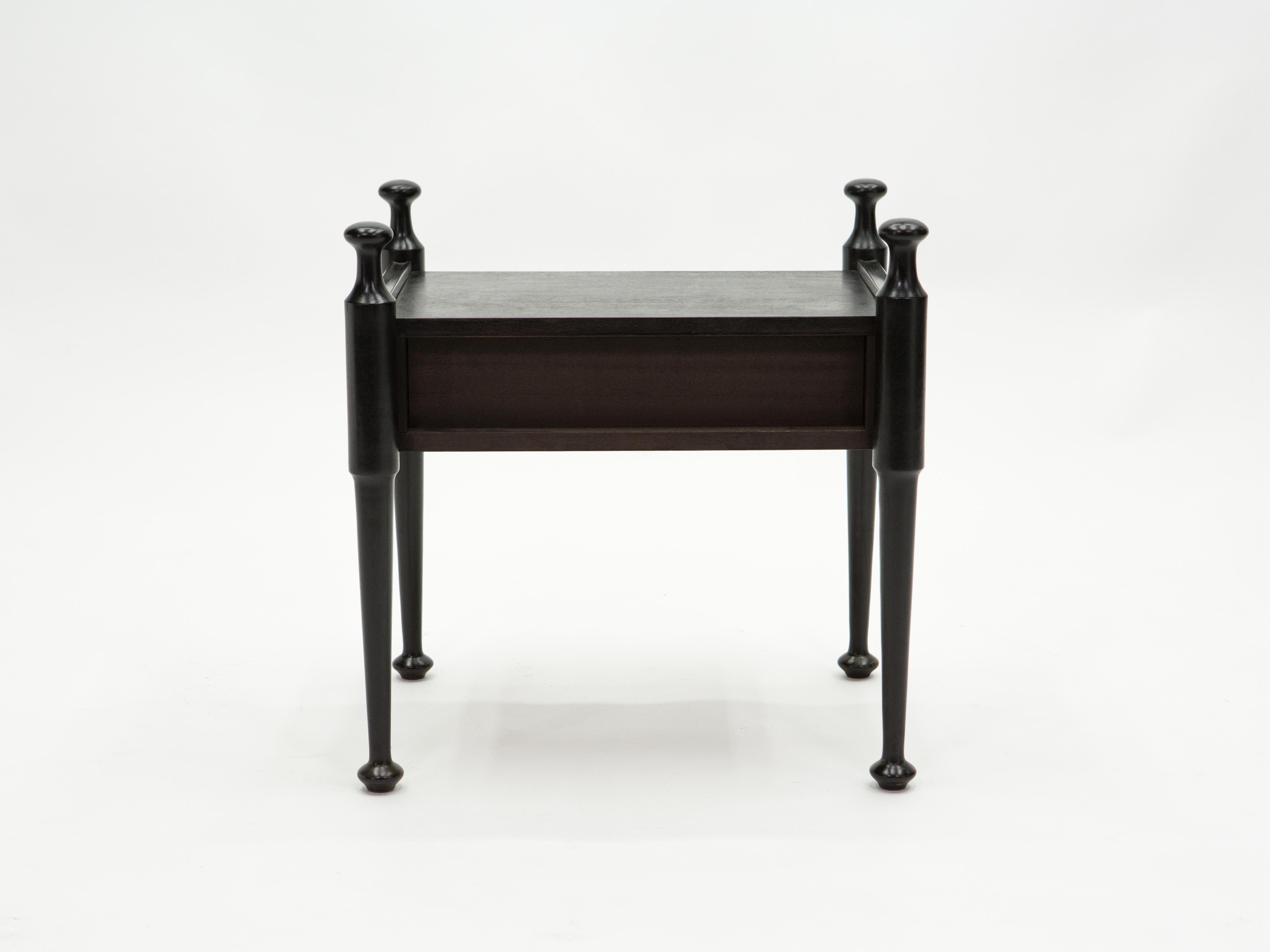 Pair of French Night Stands Black Tinted Wood and Brass, 1970s 6