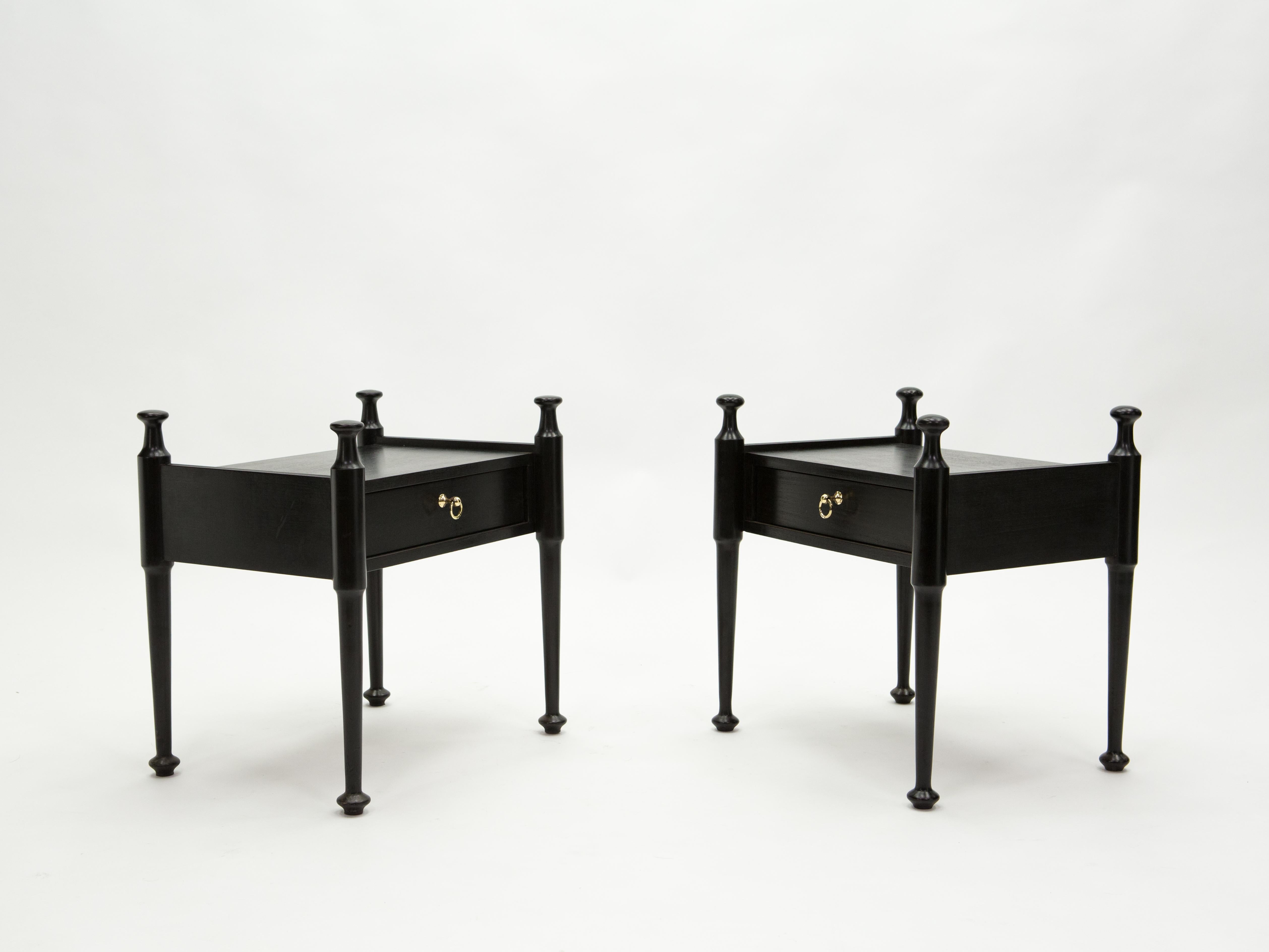 Pair of French Night Stands Black Tinted Wood and Brass, 1970s 9