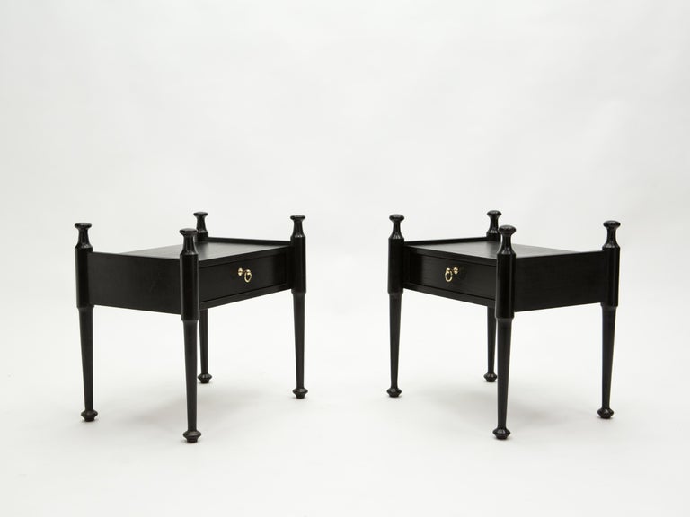 Pair of French Night Stands Black Tinted Wood and Brass, 1970s For Sale 9
