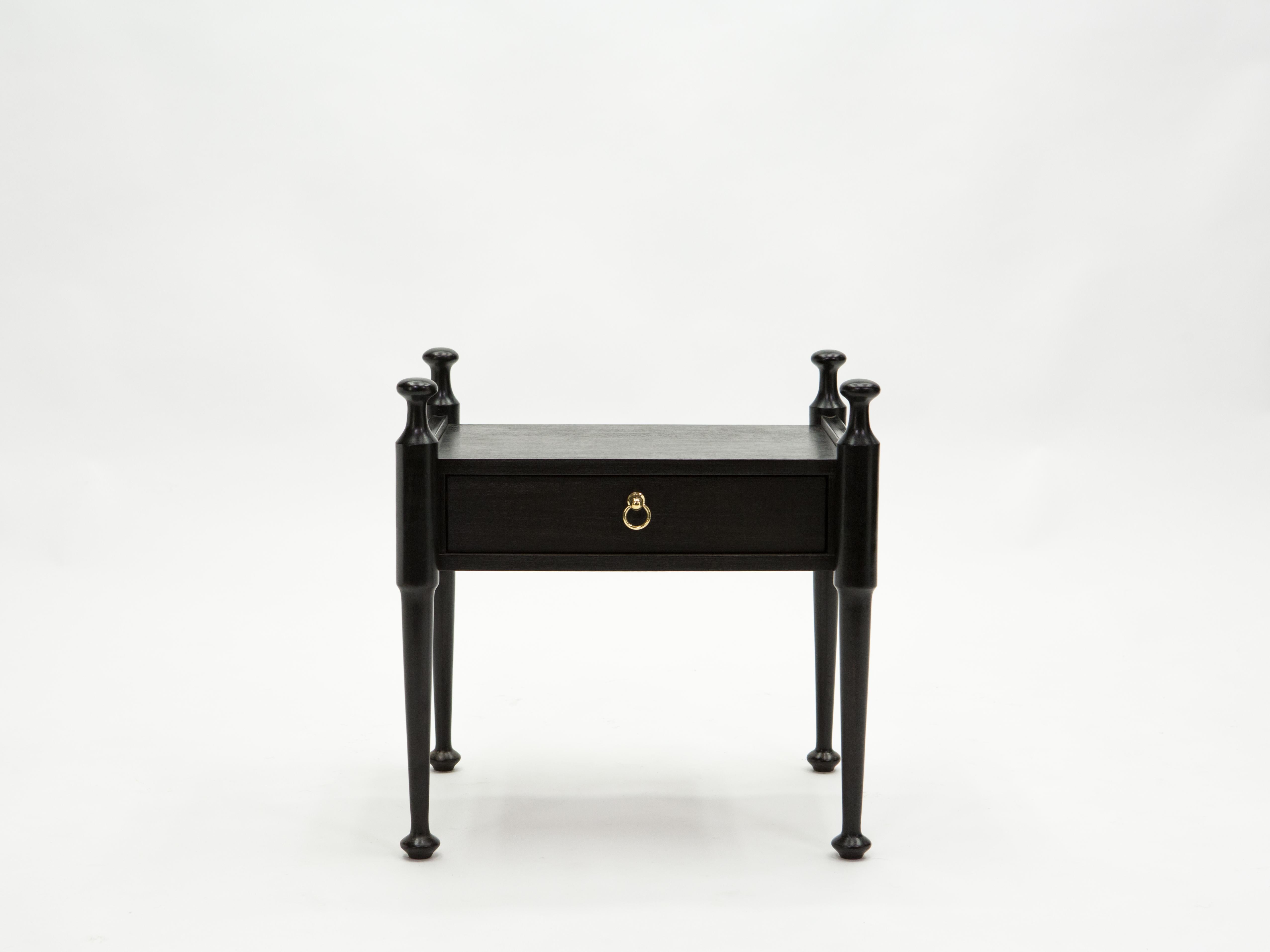 Pair of French Night Stands Black Tinted Wood and Brass, 1970s 10