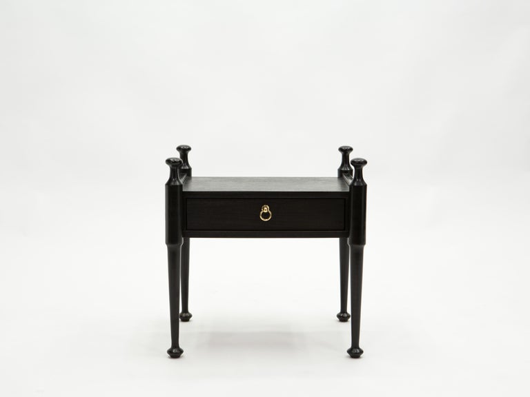 Pair of French Night Stands Black Tinted Wood and Brass, 1970s For Sale 10