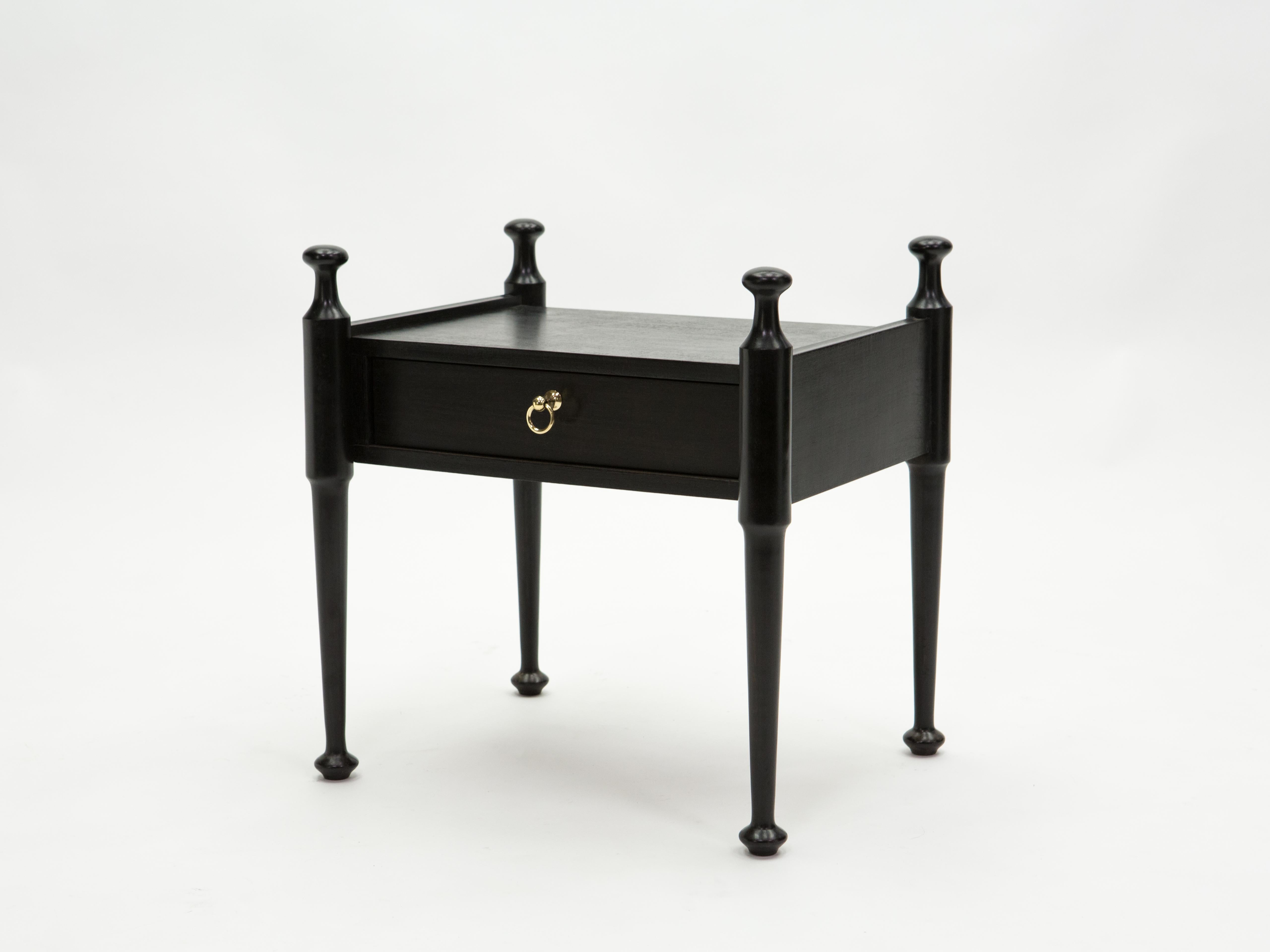 Pair of French Night Stands Black Tinted Wood and Brass, 1970s 12