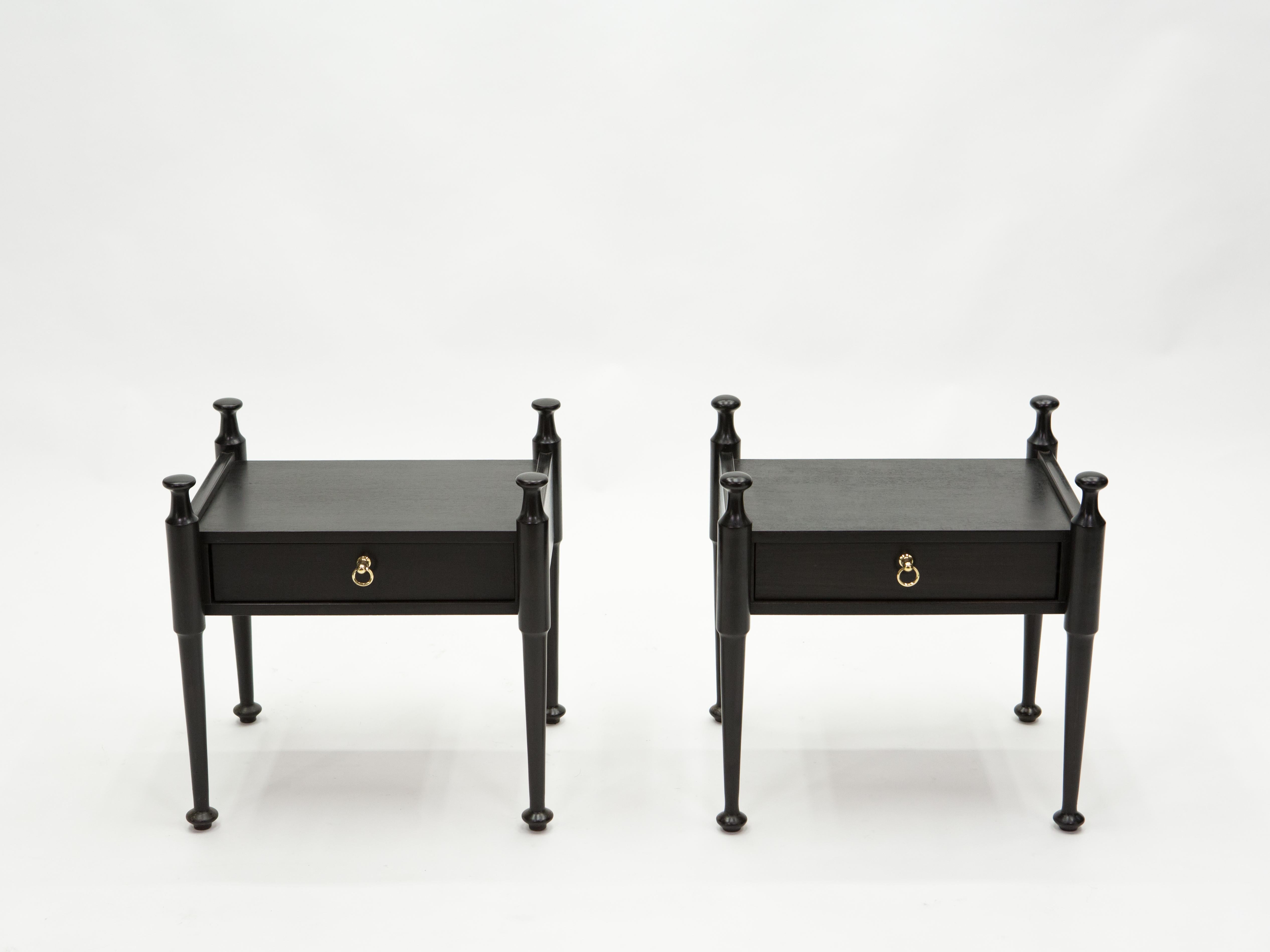 Mid-Century Modern Pair of French Night Stands Black Tinted Wood and Brass, 1970s For Sale