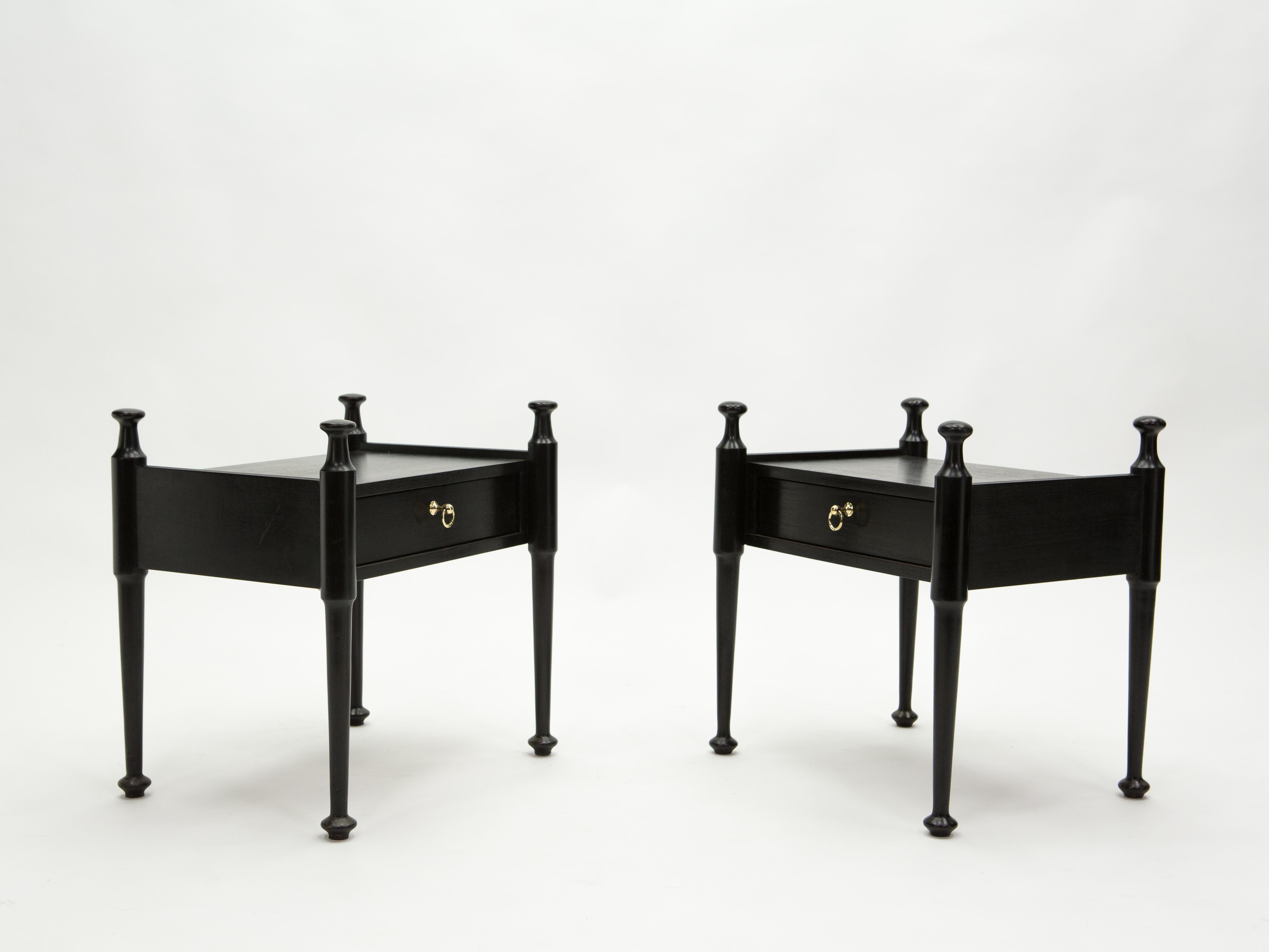 Pair of French Night Stands Black Tinted Wood and Brass, 1970s In Good Condition In Paris, IDF