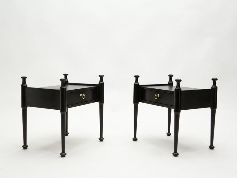 Pair of French Night Stands Black Tinted Wood and Brass, 1970s In Good Condition For Sale In Paris, FR