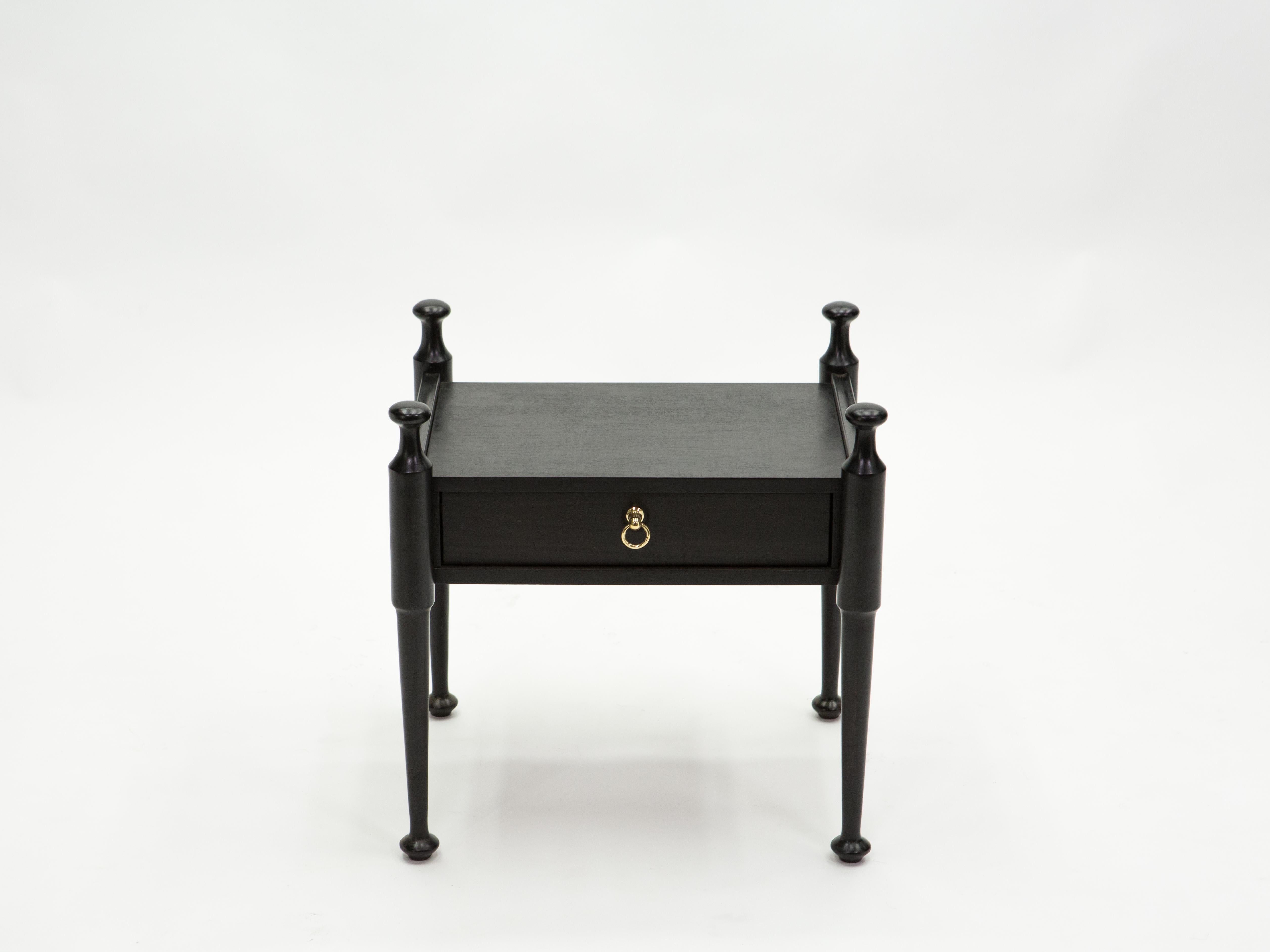 Pair of French Night Stands Black Tinted Wood and Brass, 1970s 2