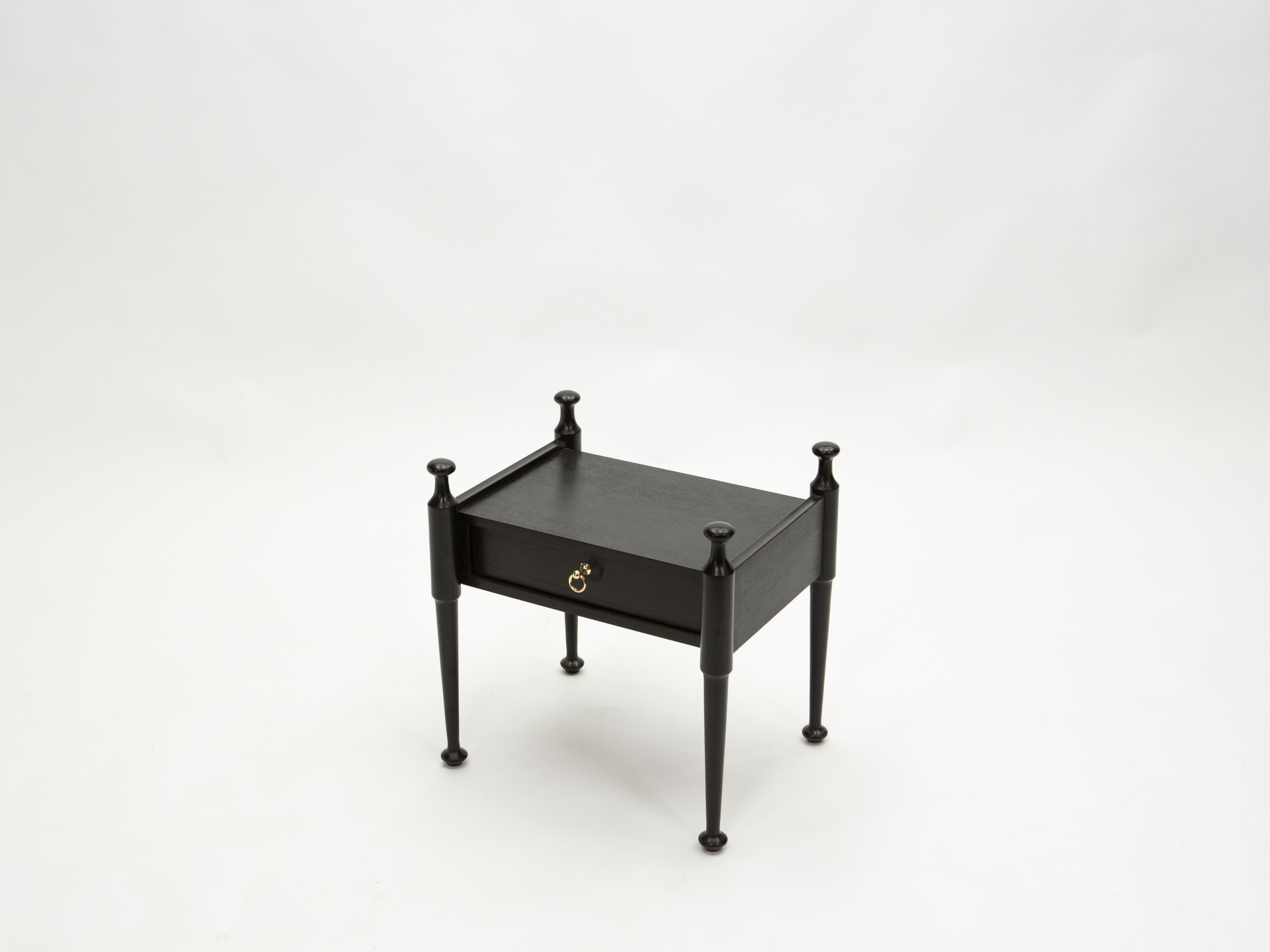 Pair of French Night Stands Black Tinted Wood and Brass, 1970s 3