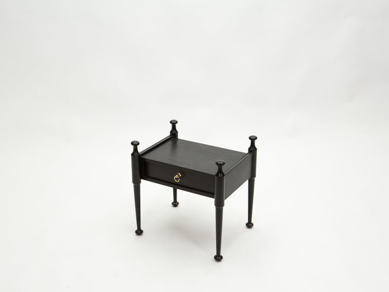 Pair of French Night Stands Black Tinted Wood and Brass, 1970s For Sale 3