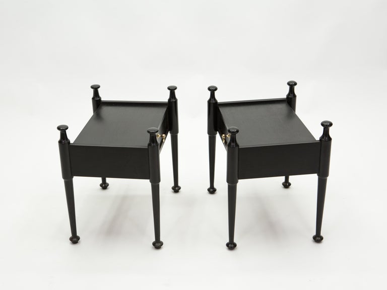 Pair of French Night Stands Black Tinted Wood and Brass, 1970s For Sale 4