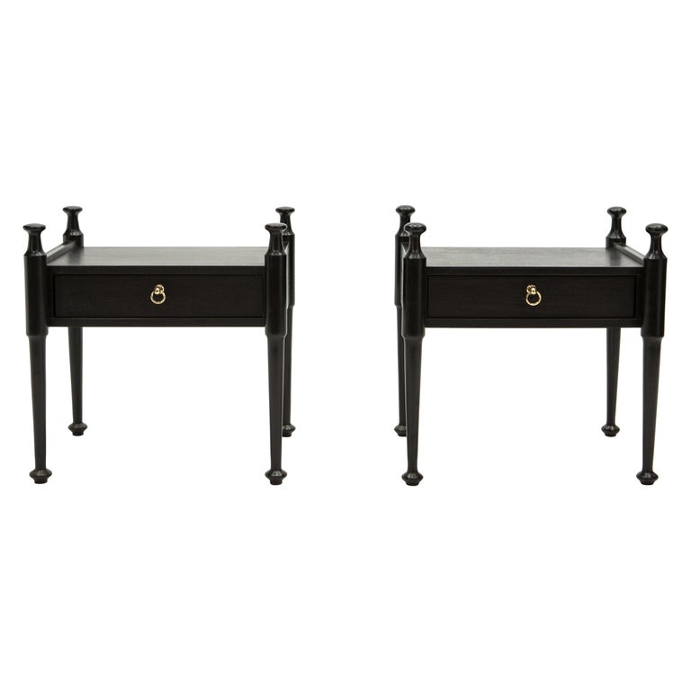 Pair of French Night Stands Black Tinted Wood and Brass, 1970s For Sale