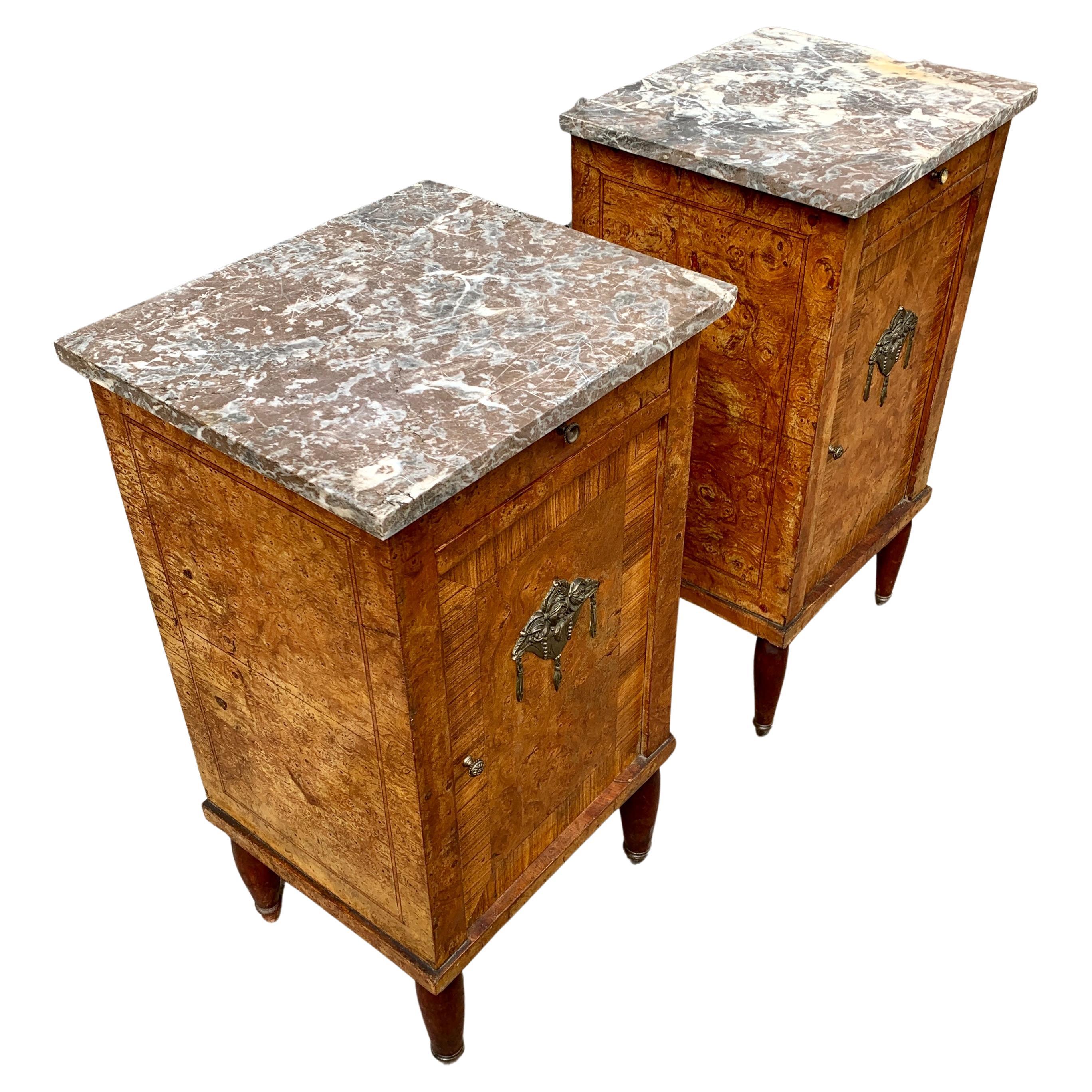 Louis XVI Pair of French Nightstands in Walnut Root