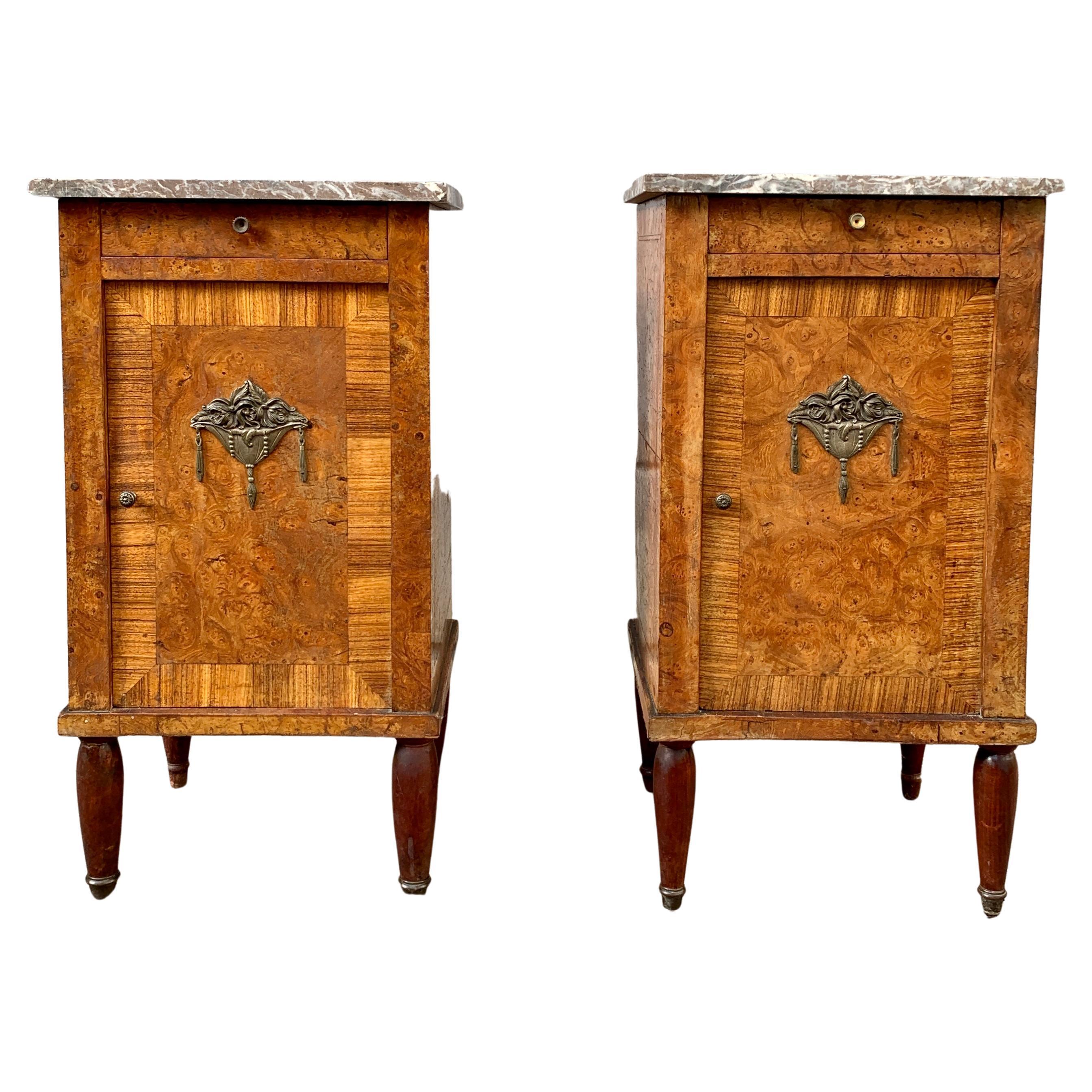 Hand-Crafted Pair of French Nightstands in Walnut Root