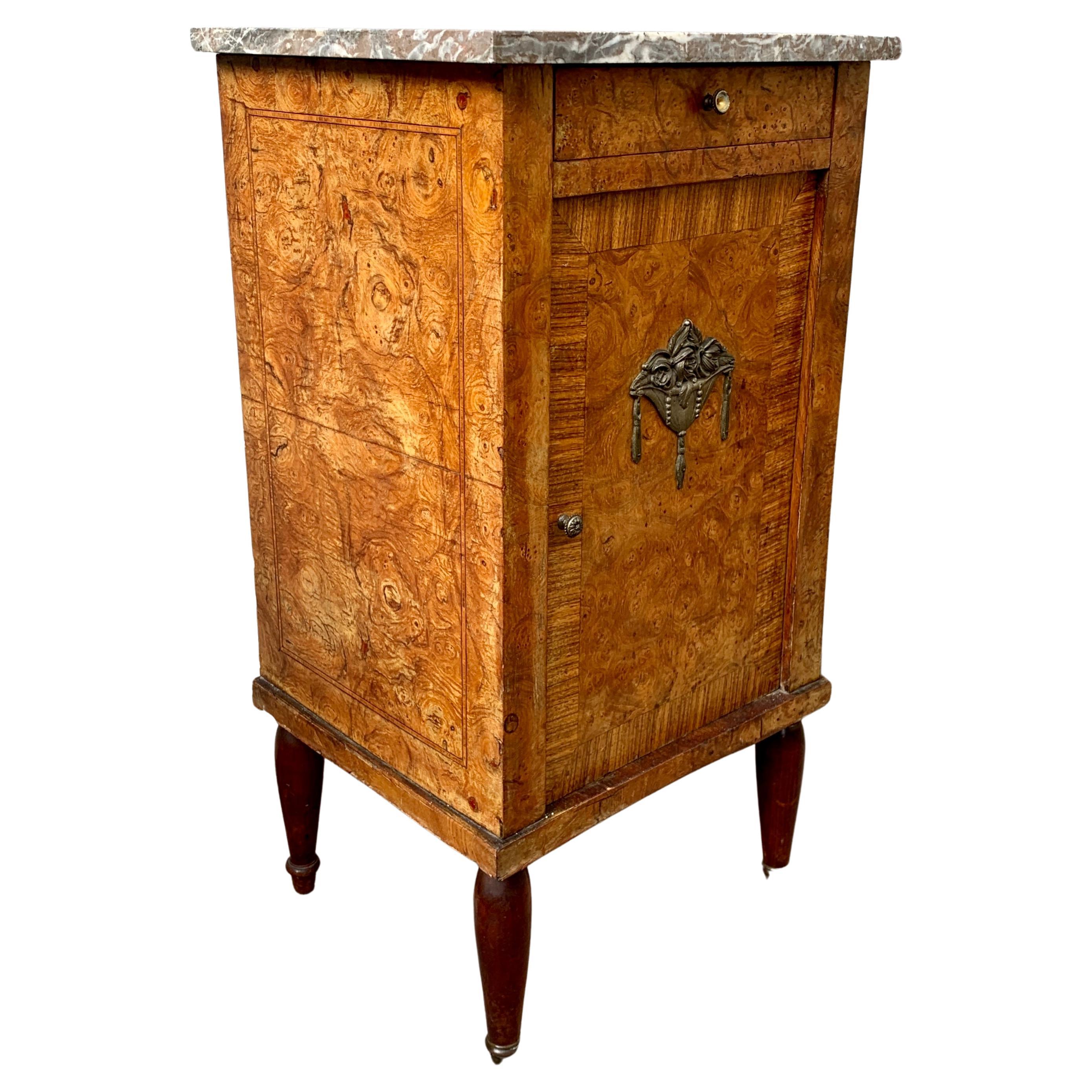 Brass Pair of French Nightstands in Walnut Root
