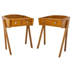 Retro Pair of French Nightstands Side Cabinets Bedside Oak Tables Compas Style C. 1950
