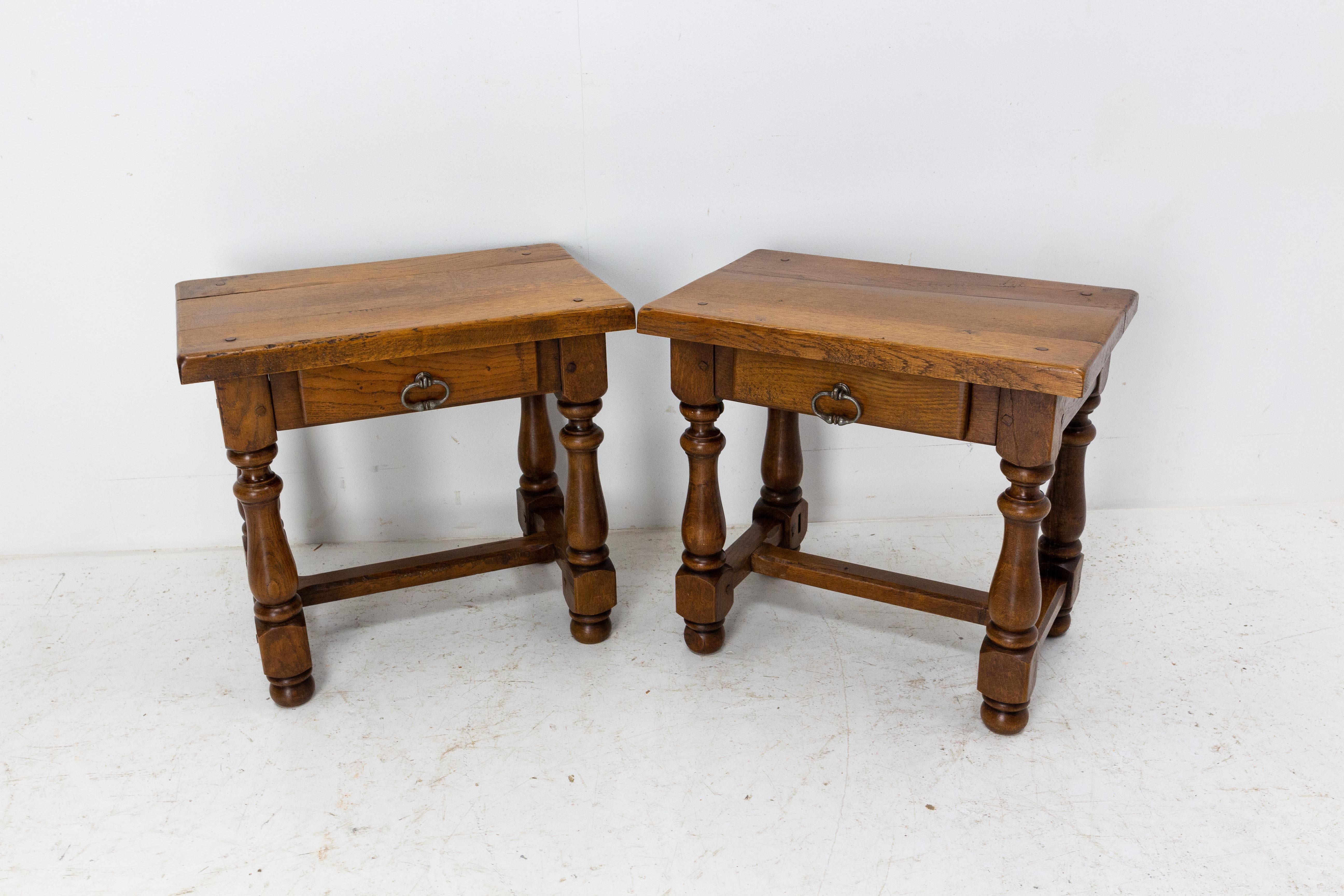 Pair of side cabinets bedside tables nightstands, one drawer
Oak and wrought iron
French mid-century, circa 1970
Good condition 

Shipping:
L73 P53 H48 21Kg.