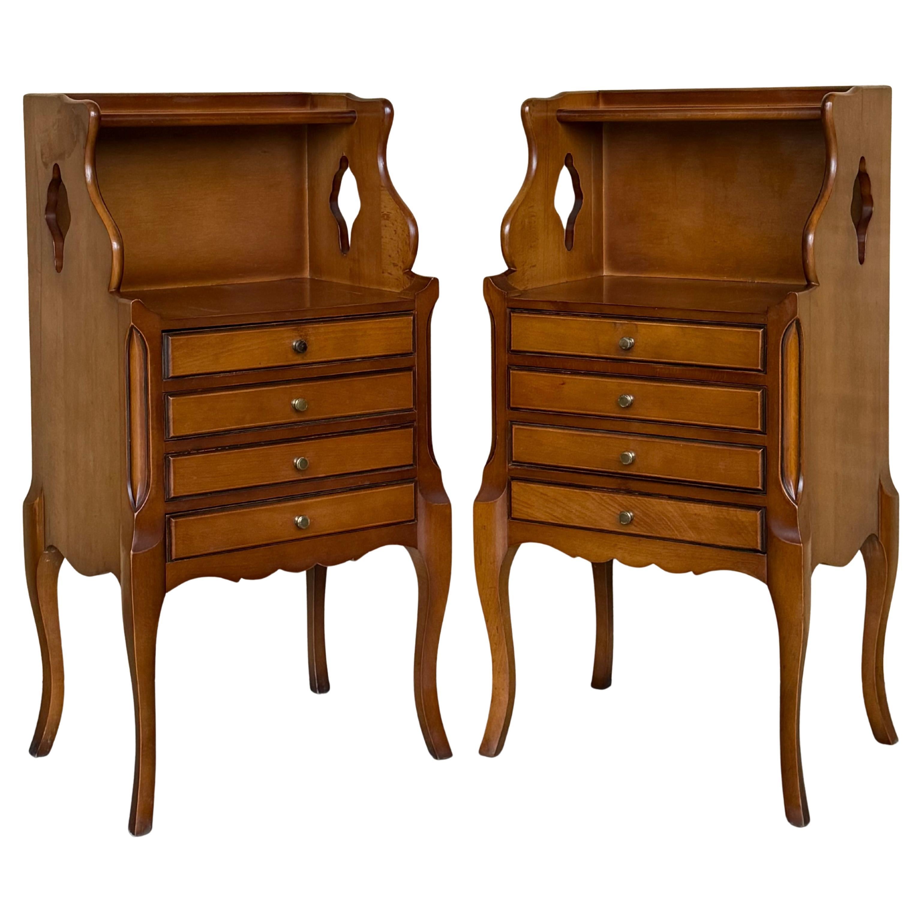 Pair of French nightstands with High Shelve and Four Low Drawers