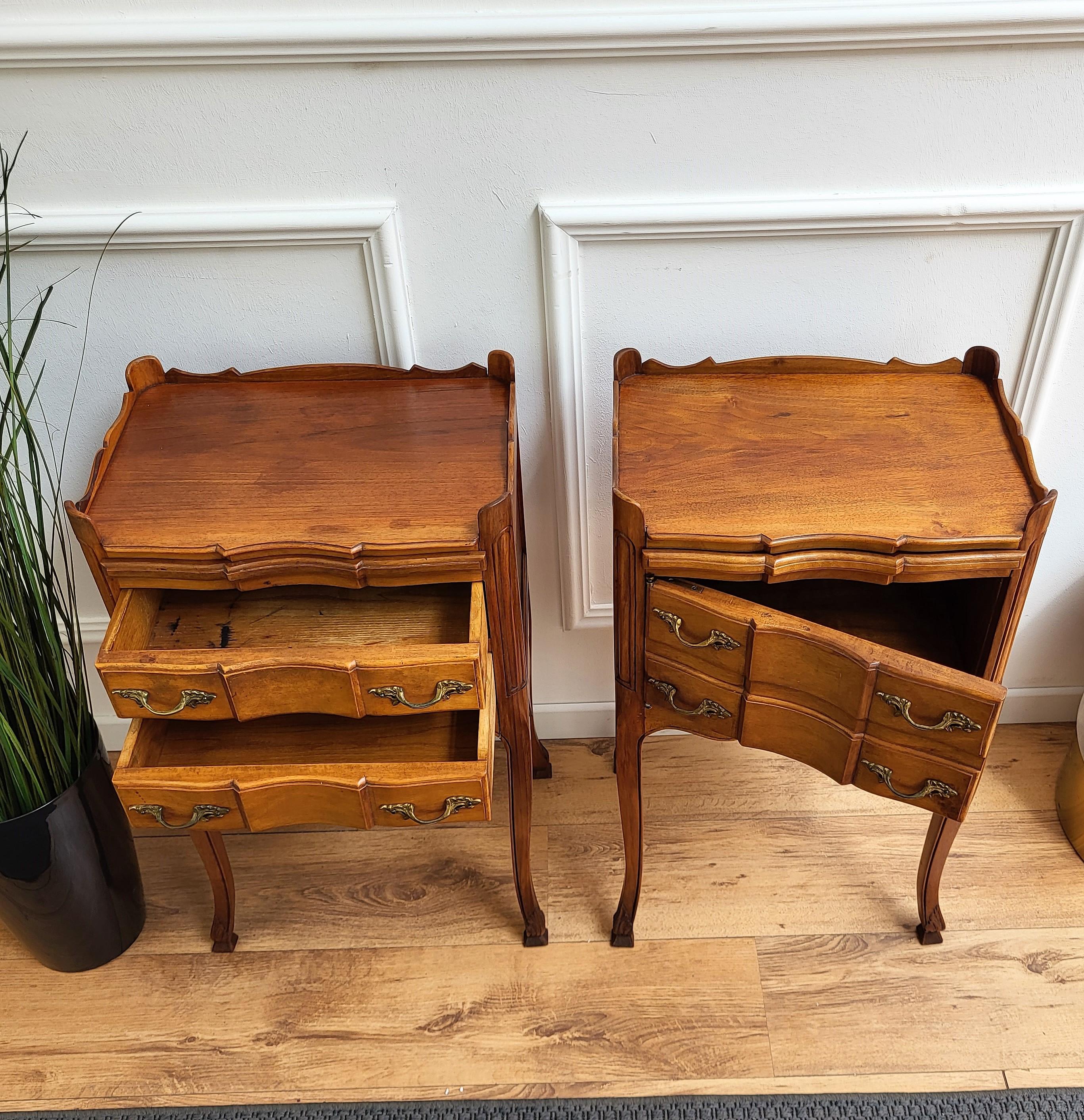 Brass Pair of French Nightstands with Three Drawers and Carbriole Legs