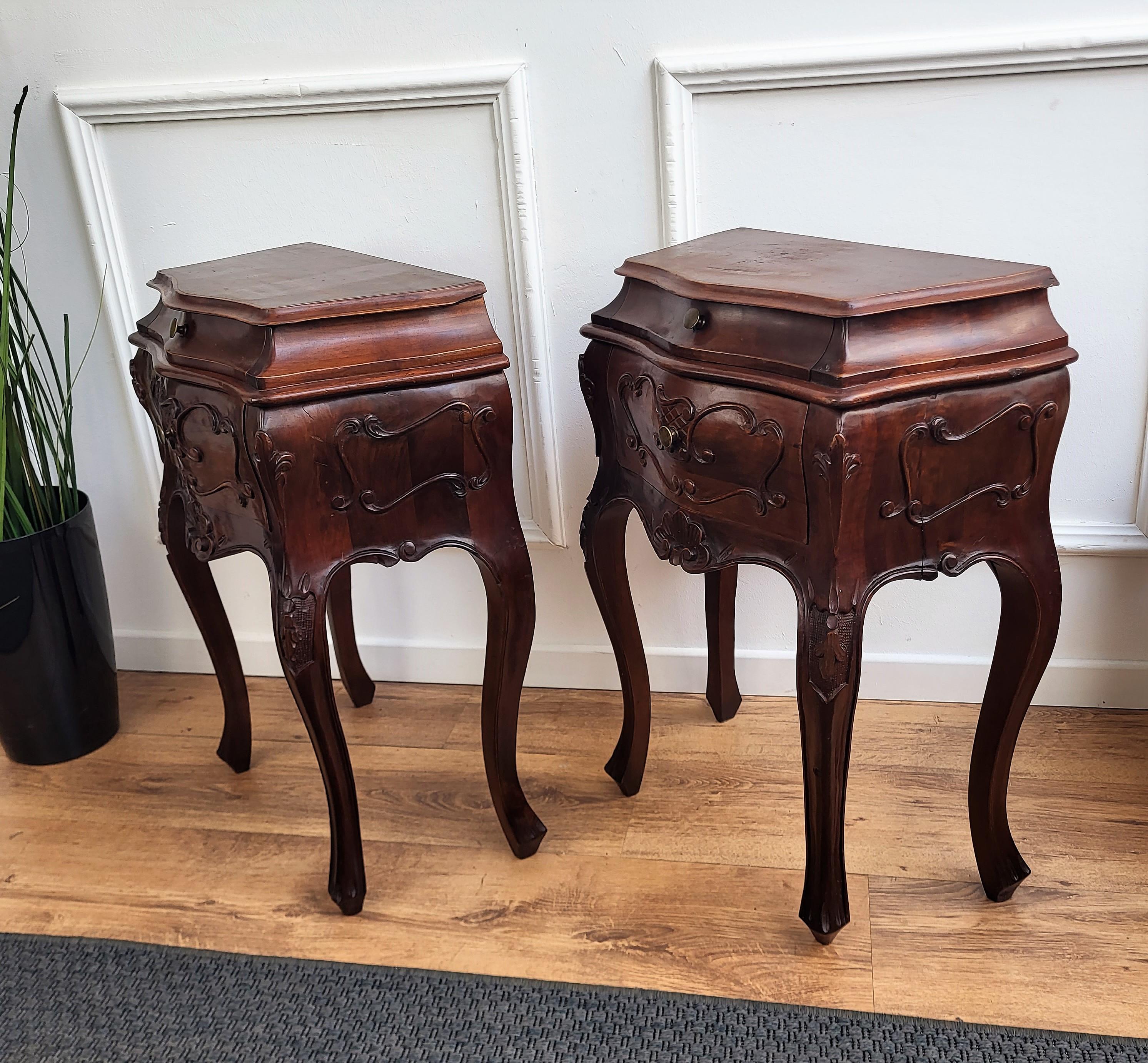 Brass Pair of French Nightstands with Two Drawers and Carbriole Legs For Sale