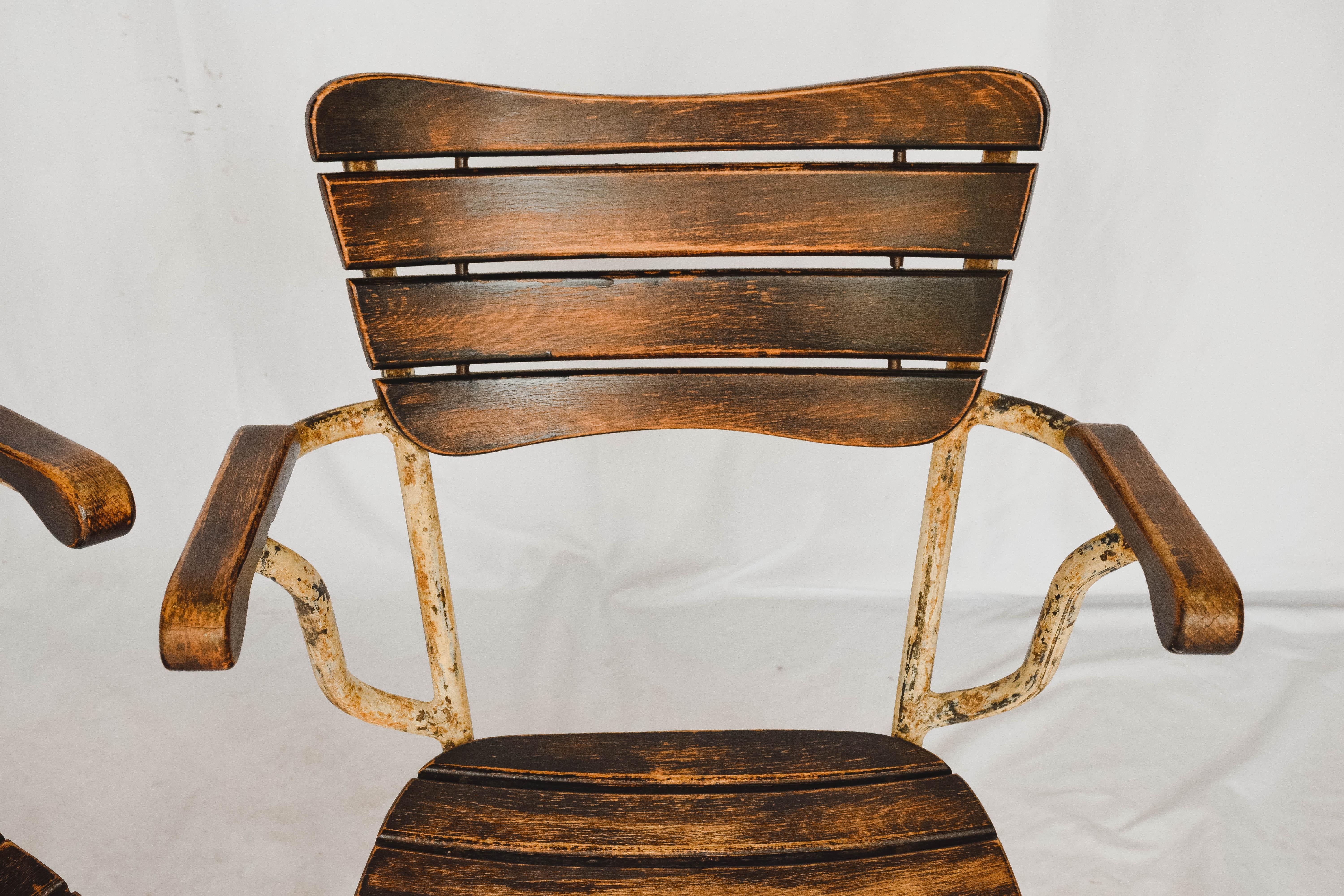 20th Century Pair of French Oak and Metal Bistro Chairs