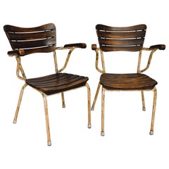 Retro Pair of French Oak and Metal Bistro Chairs