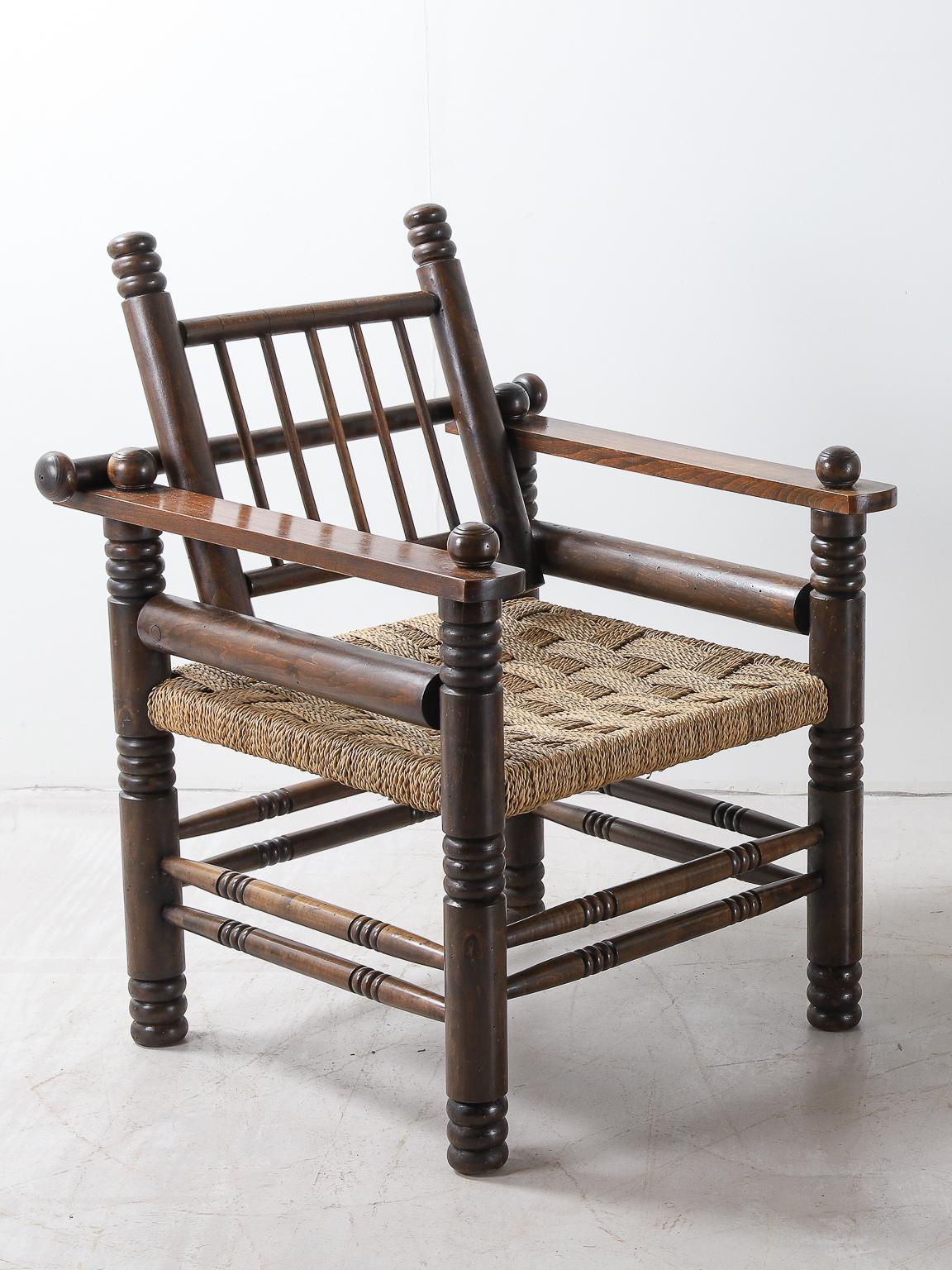 Art Deco Pair of French Oak and Papercord Chairs by Charles Dudouyt For Sale