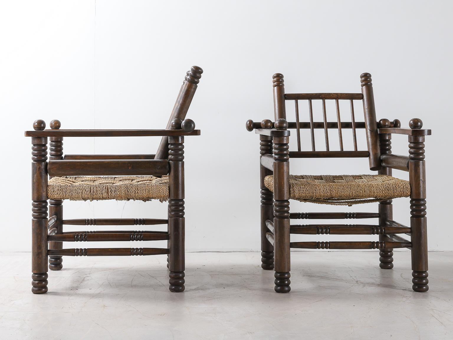 Pair of French Oak and Papercord Chairs by Charles Dudouyt In Good Condition For Sale In London, Charterhouse Square
