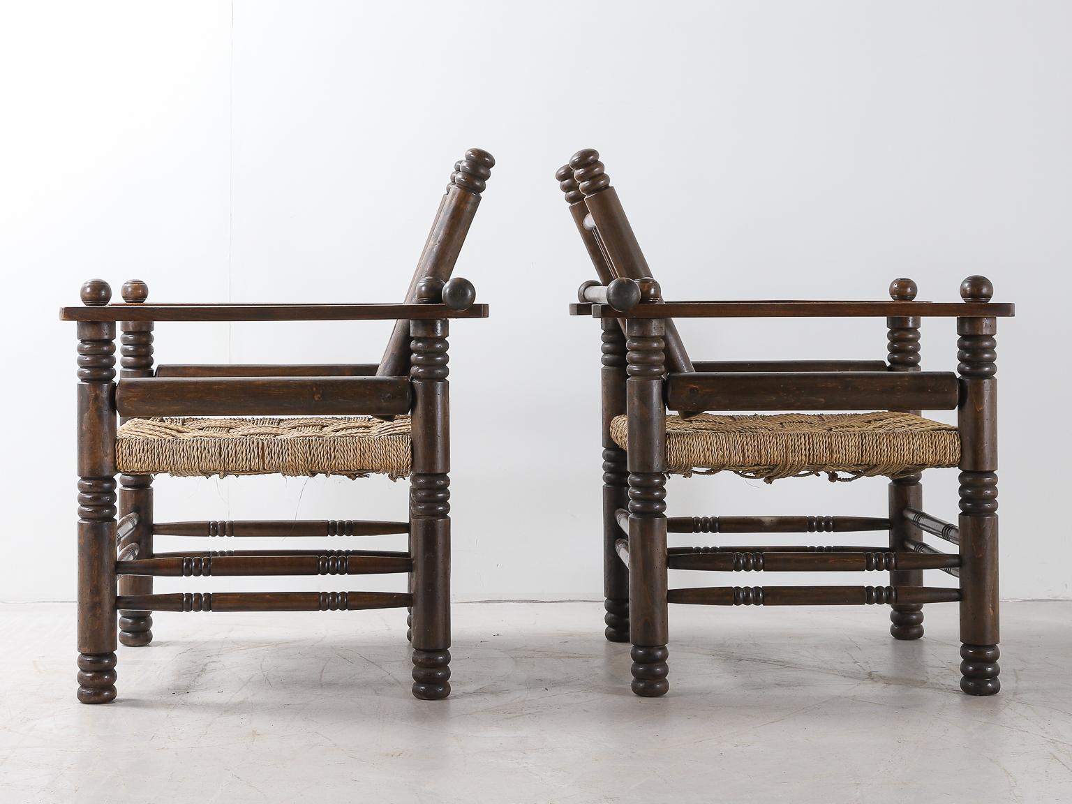 Mid-20th Century Pair of French Oak and Papercord Chairs by Charles Dudouyt For Sale
