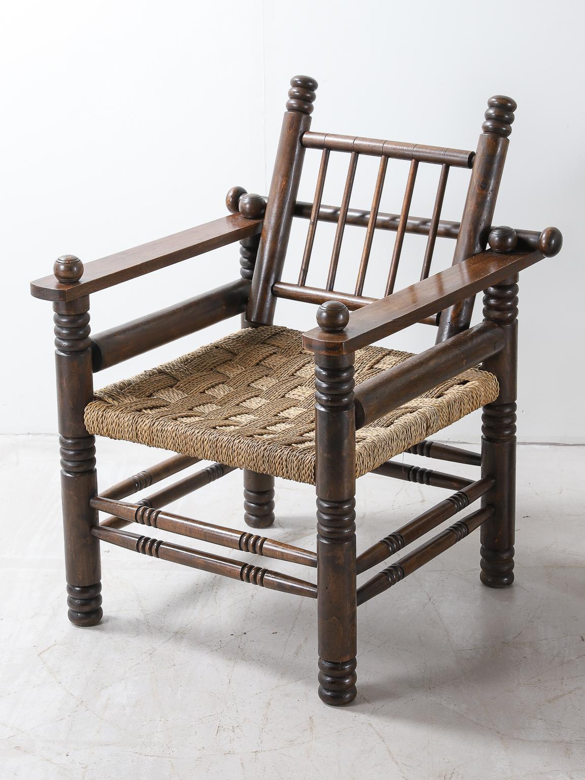 Pair of French Oak and Papercord Chairs by Charles Dudouyt For Sale 1