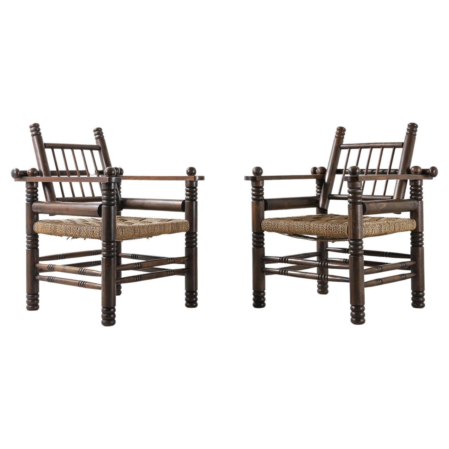Pair of French Oak and Papercord Chairs by Charles Dudouyt