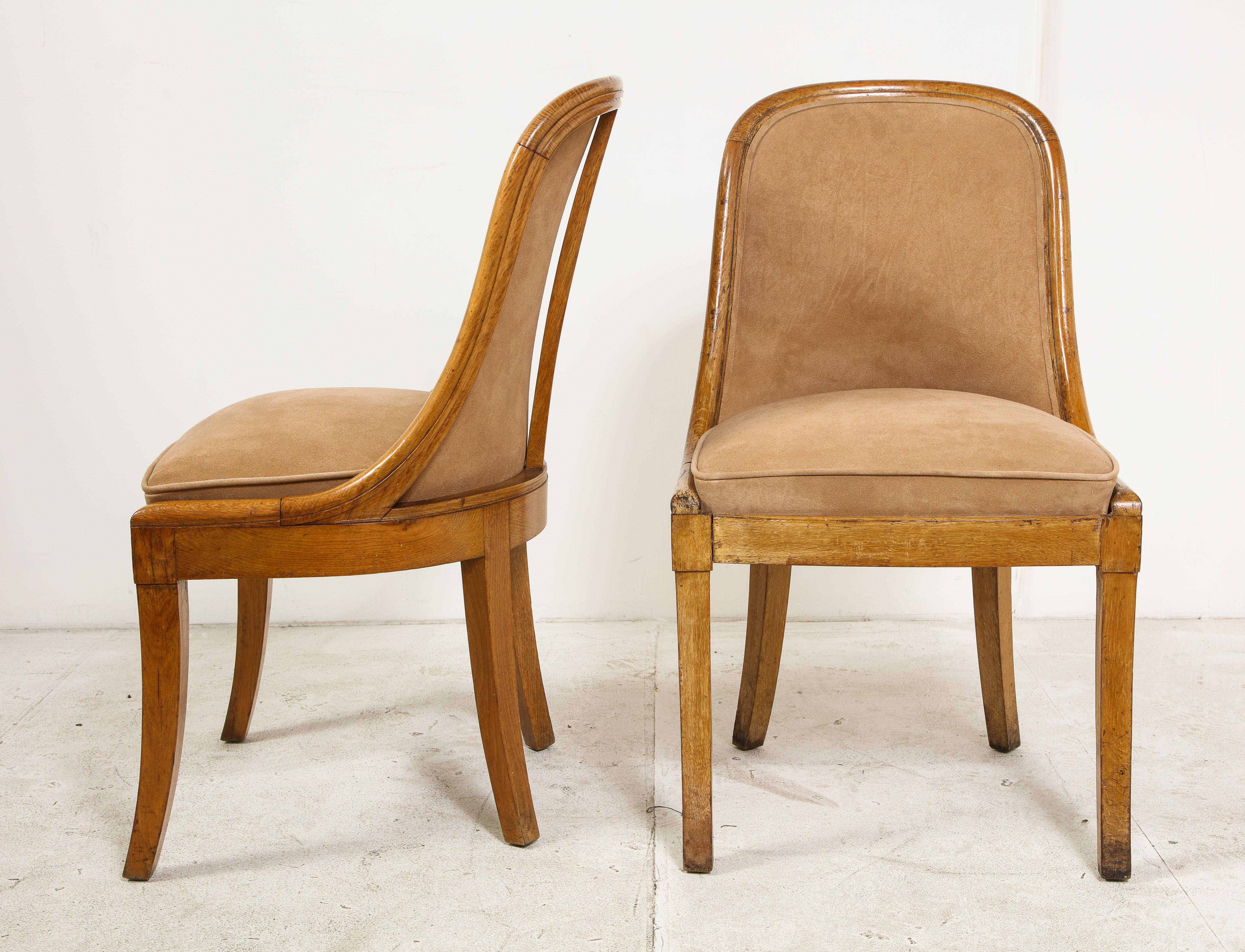 Pair of French Oak and Suede Side Chairs, circa 1930 7