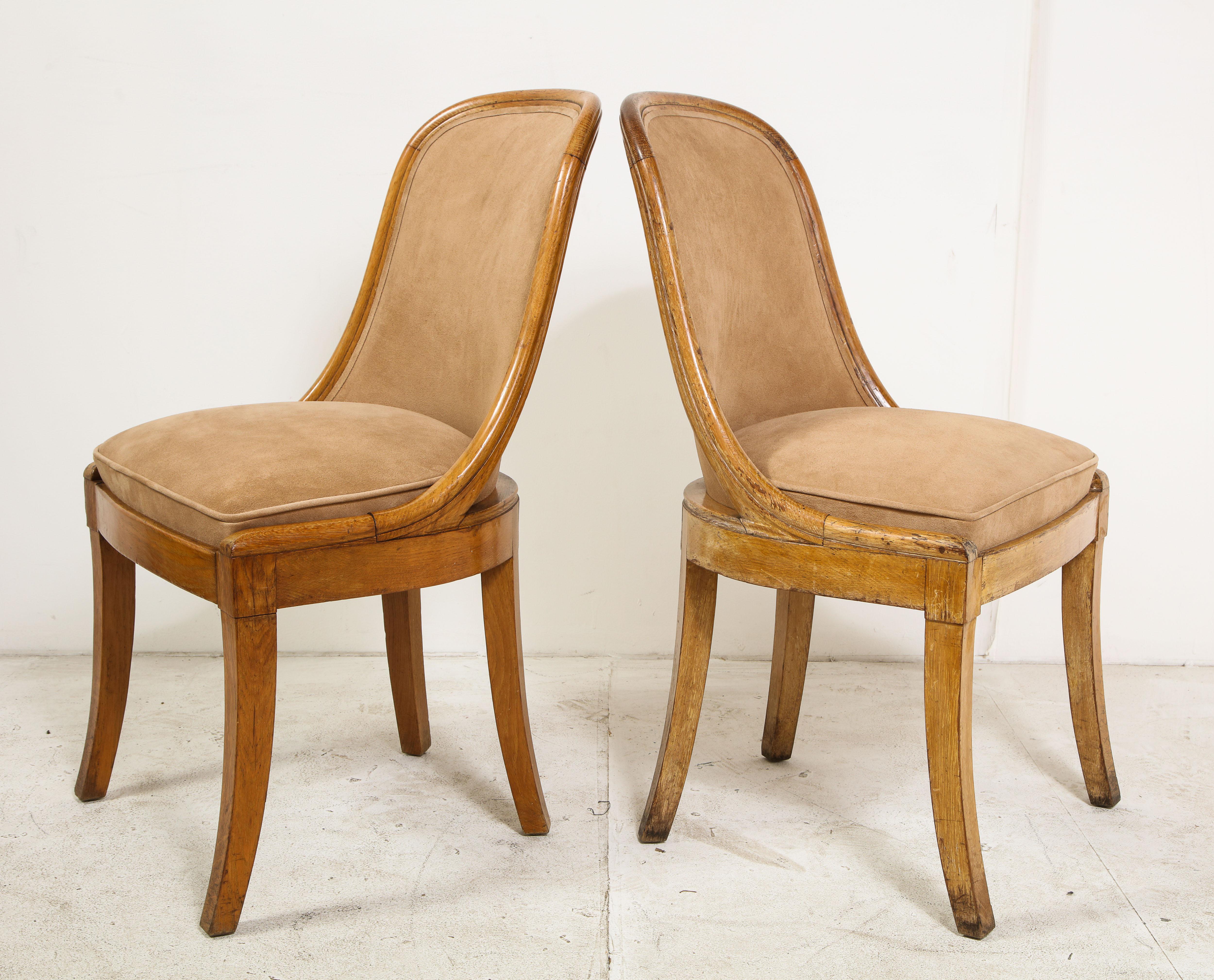 Pair of French Oak and Suede Side Chairs, circa 1930 10