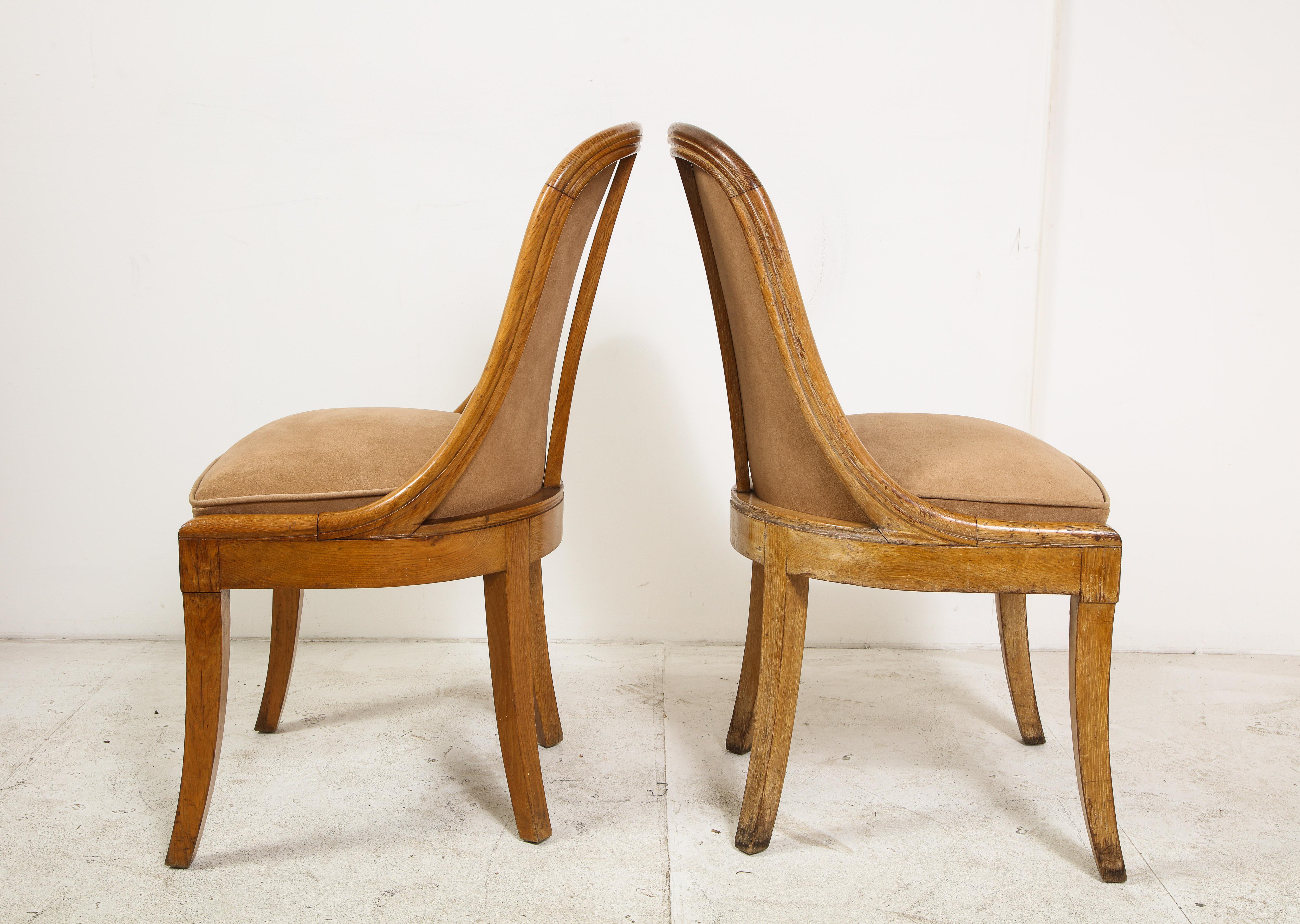 Pair of French Oak and Suede Side Chairs, circa 1930 12