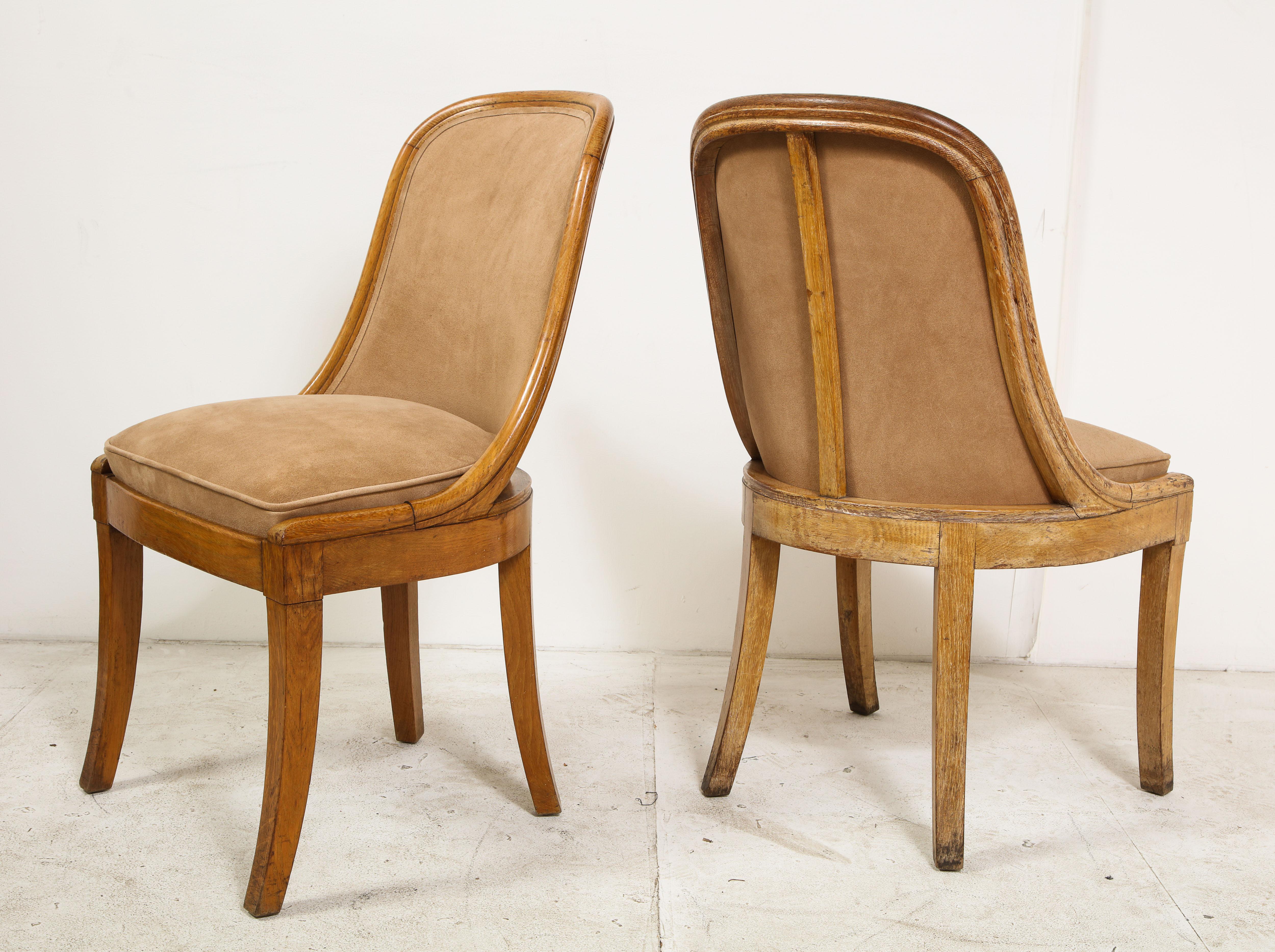 Pair of French Oak and Suede Side Chairs, circa 1930 In Good Condition In Chicago, IL