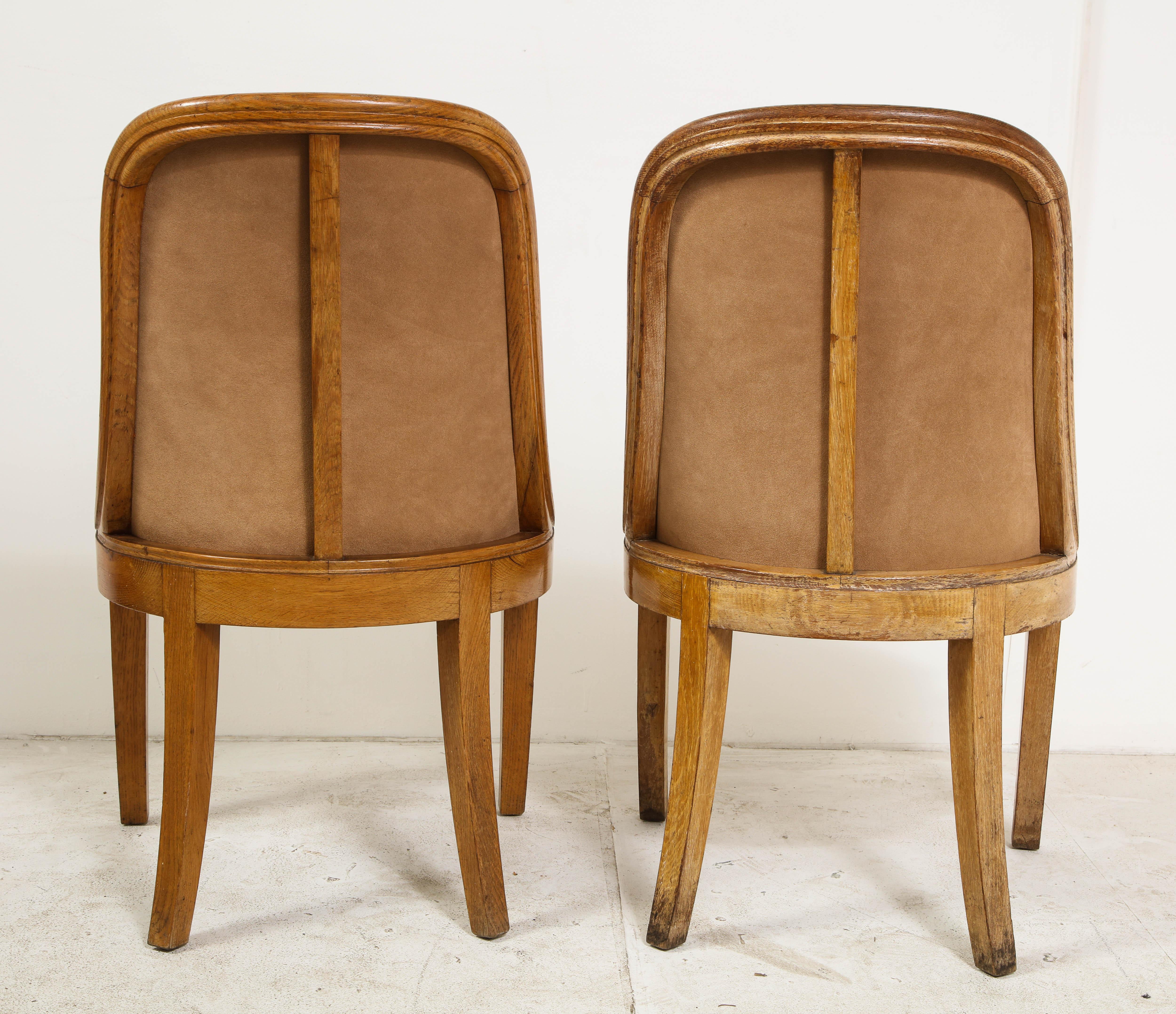 Pair of French Oak and Suede Side Chairs, circa 1930 1