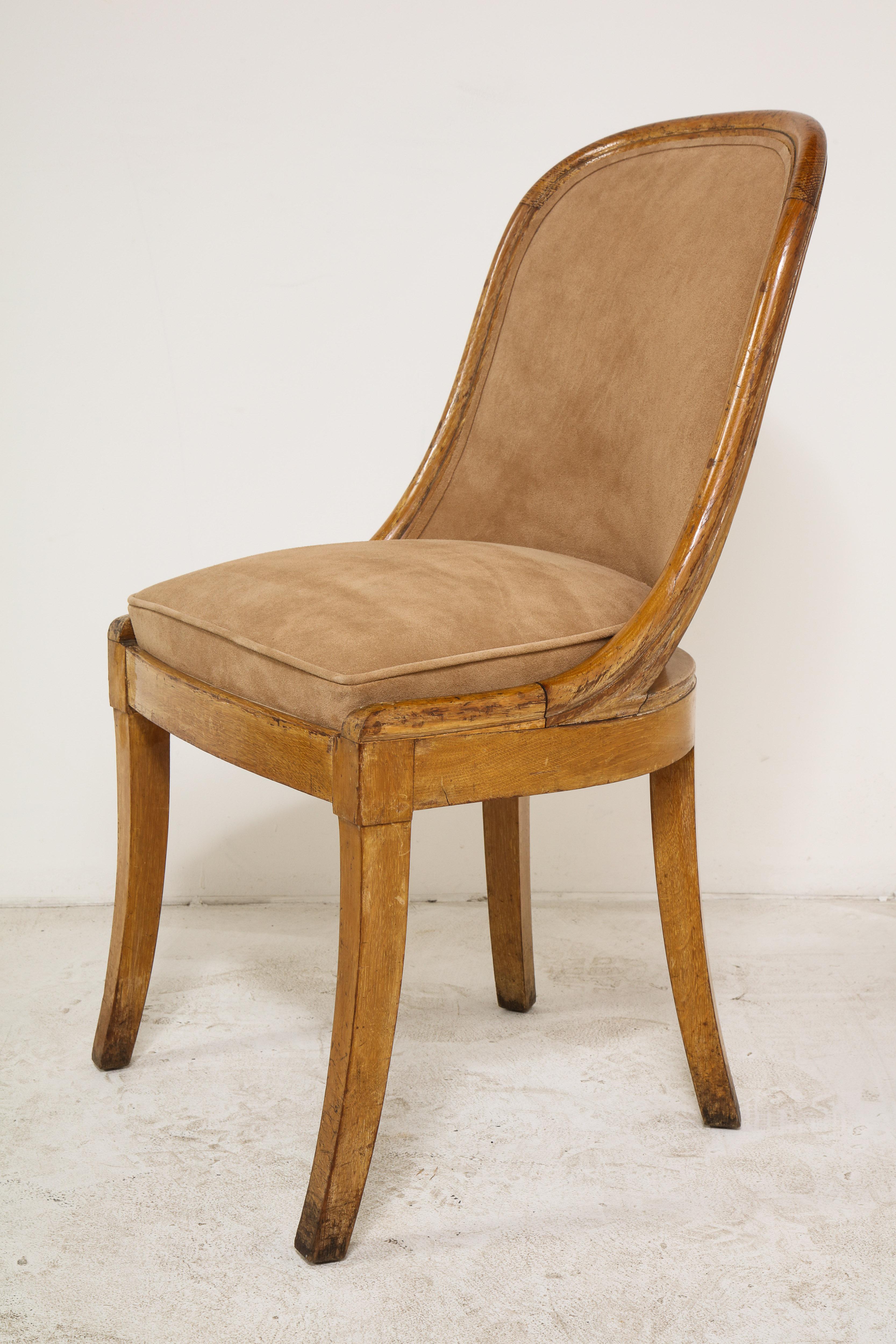 Pair of French Oak and Suede Side Chairs, circa 1930 5