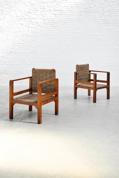 Pair of French Oak and Woven Straw Armchairs, France, 1960s
